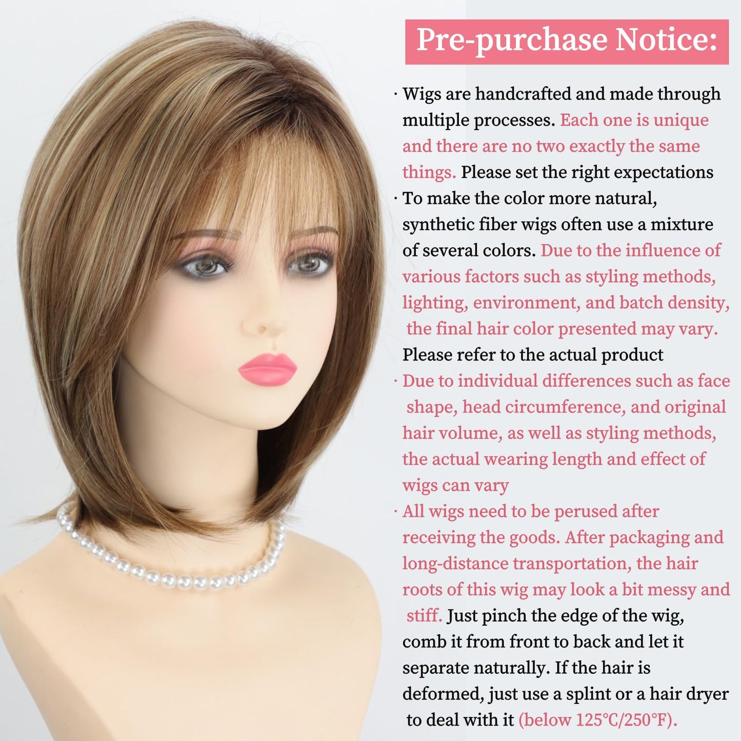 RENERSHOW Medium Length Bob Wigs for White Women Layered Blonde Highlight Straight Pixie Bob Wig with Bangs Heat Synthetic Natural Daily Party Wig 12inch Average Size Wig