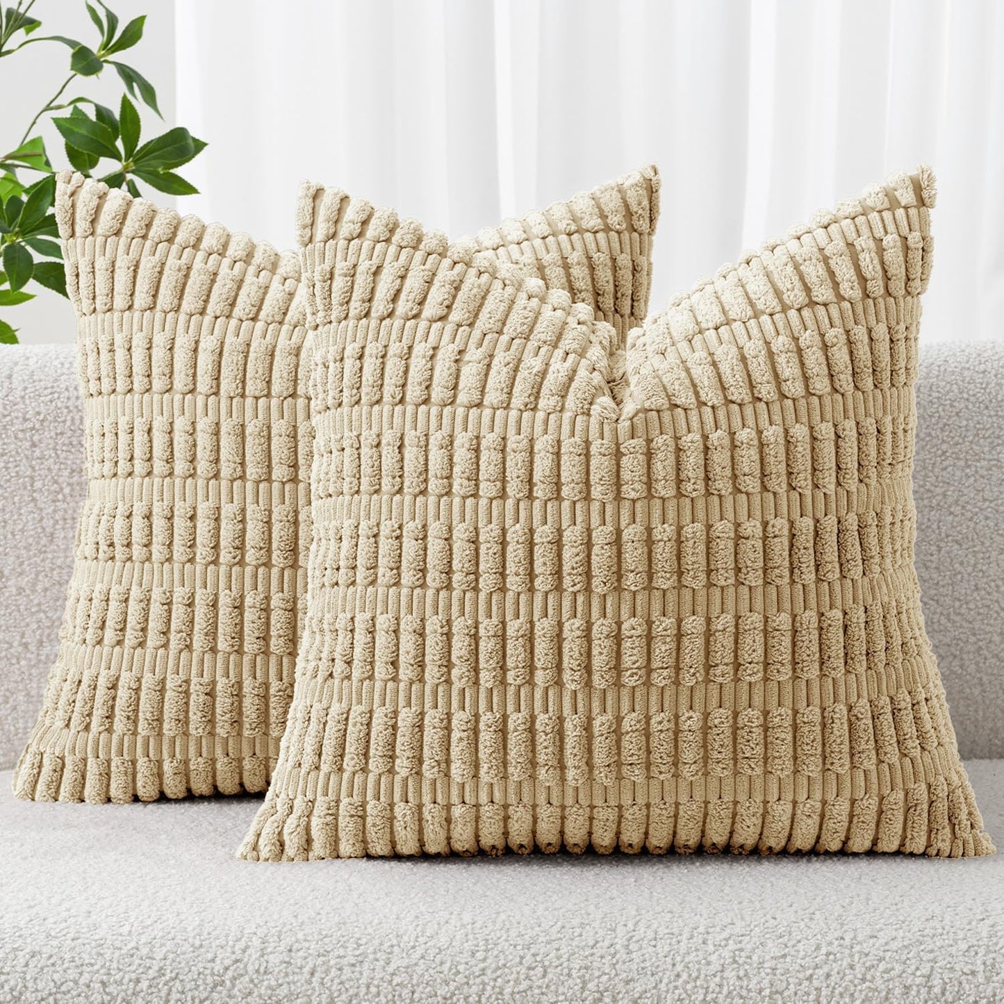 MIULEE Pack of 2 Corduroy Decorative Throw Pillow Covers 18x18 Inch Soft Boho Striped Pillow Covers Modern Farmhouse Home Decor for Sofa Living Room Couch Bed Cream White