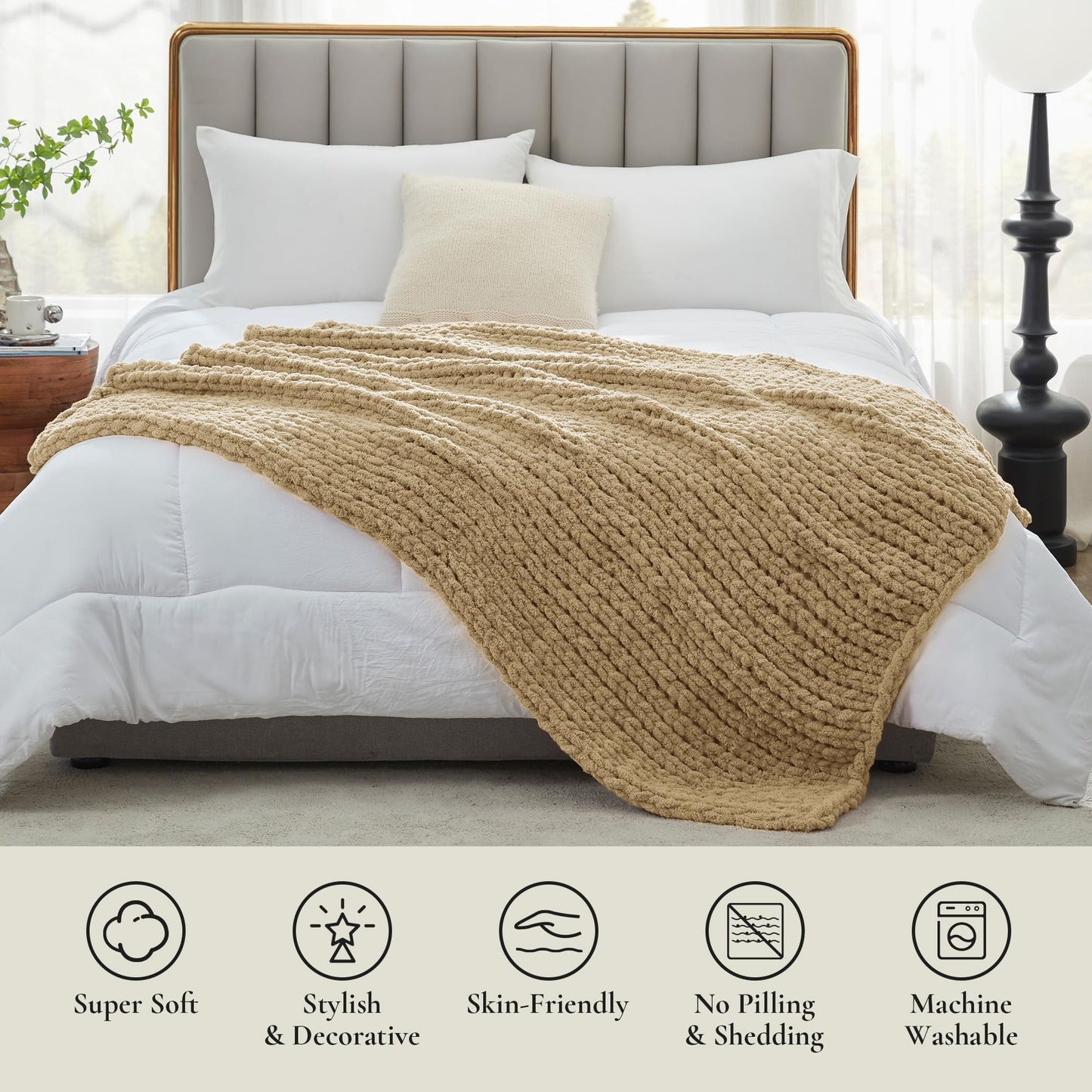 Amélie Home Chunky Knit Throw Blanket for Couch, Soft Chenille Handmade Crochet Throw Rope Knot Blanket for Couch, 50"x60", Space-Dyed Blue Striped