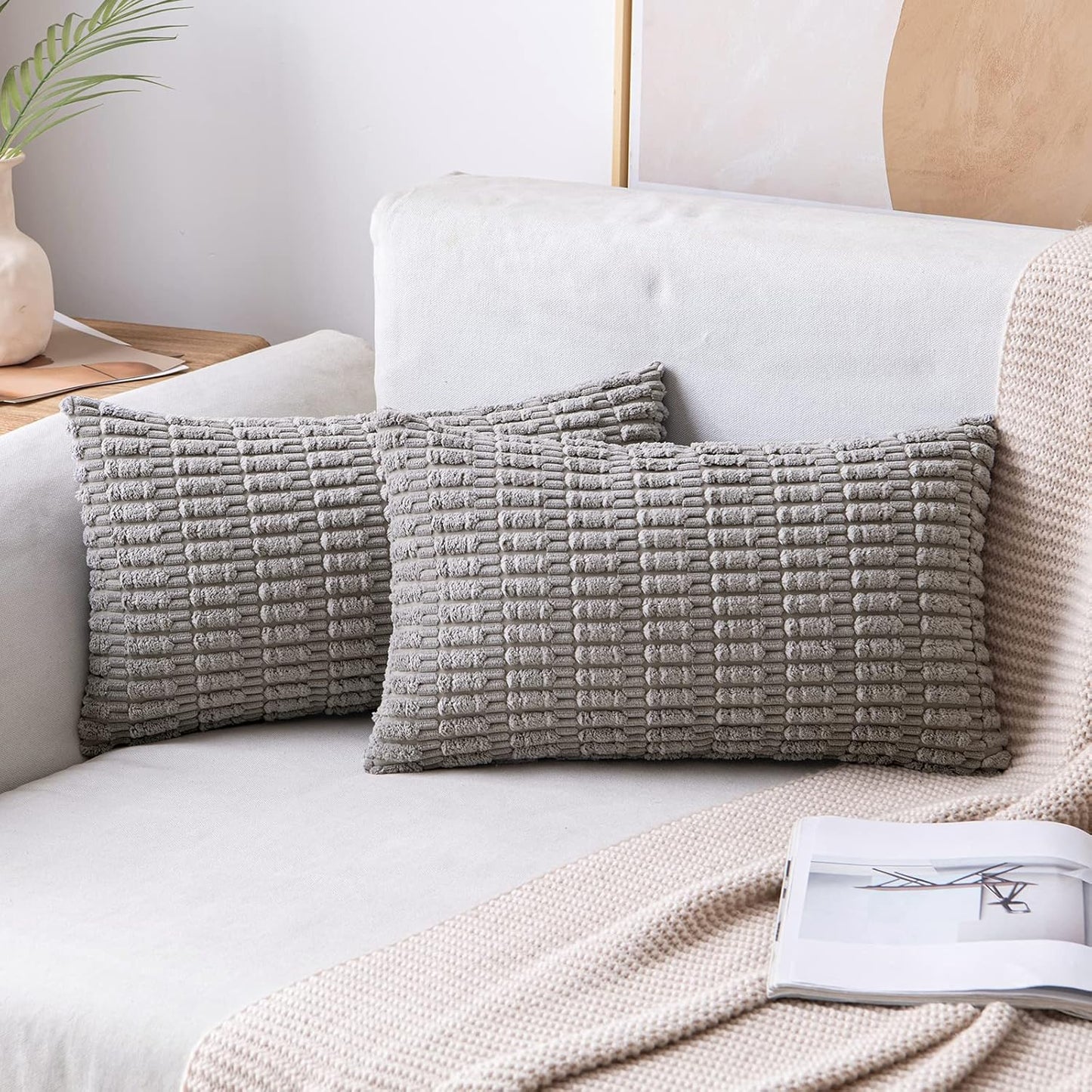 MIULEE Pack of 2 Corduroy Decorative Throw Pillow Covers 18x18 Inch Soft Boho Striped Pillow Covers Modern Farmhouse Home Decor for Sofa Living Room Couch Bed Cream White