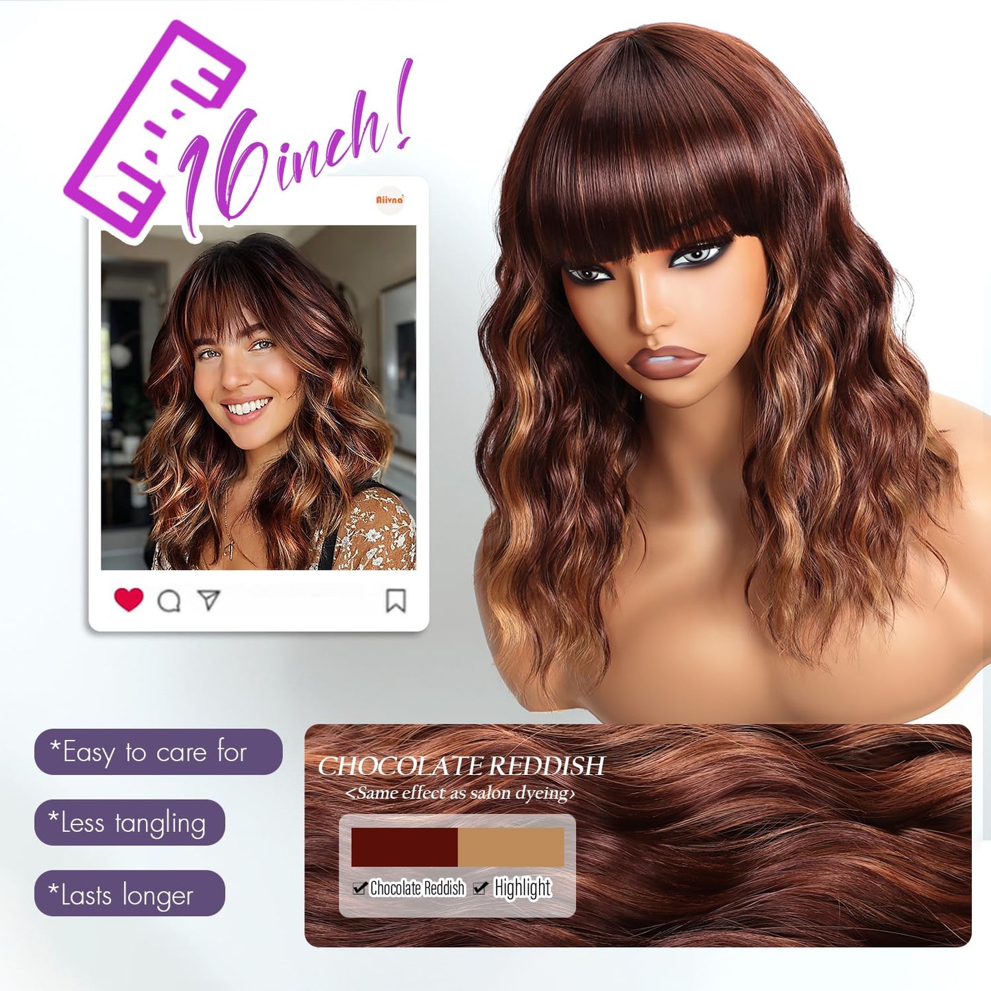 Bob Wavy Wigs for Women Reddish Caramel Brown Short Curly Hair Wig with Bangs Shoulder Length Style Synthetic Realistic Heat Resistant Wig for Everyday Hairstyle 16 Inch