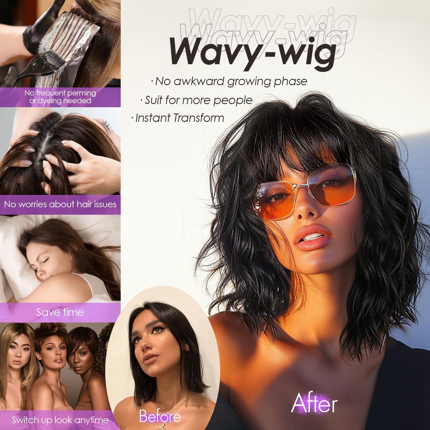 Bob Wavy Wigs for Women Reddish Caramel Brown Short Curly Hair Wig with Bangs Shoulder Length Style Synthetic Realistic Heat Resistant Wig for Everyday Hairstyle 16 Inch