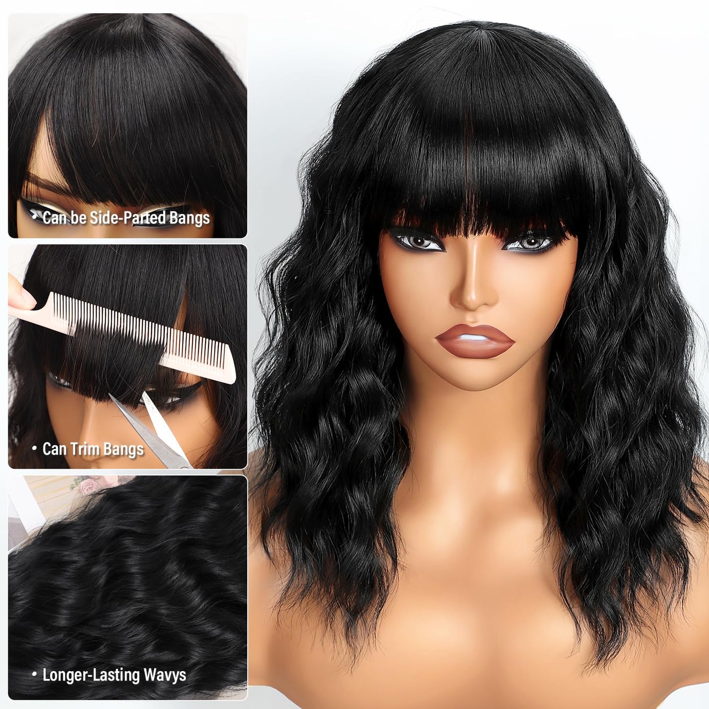 Bob Wavy Wigs for Women Reddish Caramel Brown Short Curly Hair Wig with Bangs Shoulder Length Style Synthetic Realistic Heat Resistant Wig for Everyday Hairstyle 16 Inch