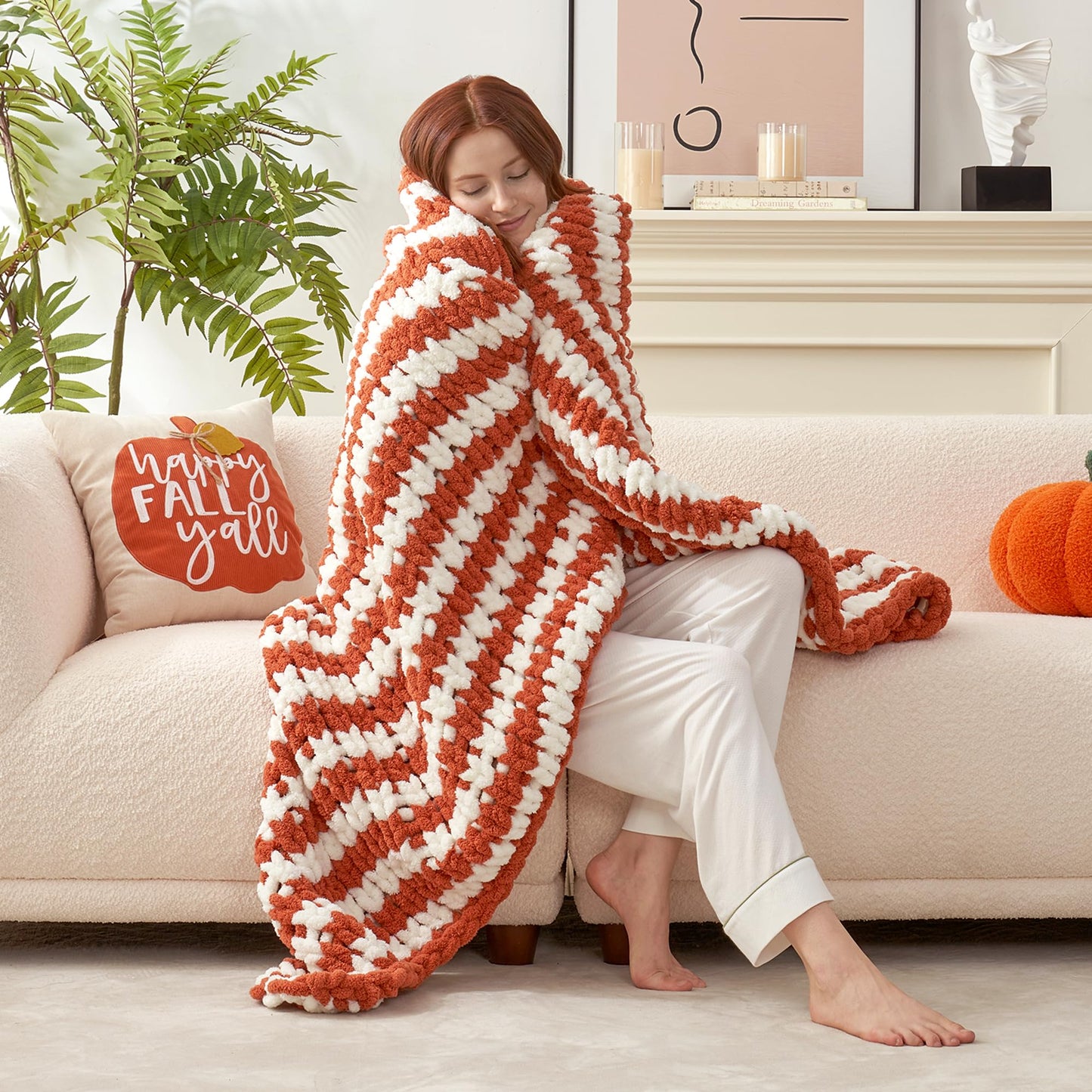 Amélie Home Chunky Knit Throw Blanket for Couch, Soft Chenille Handmade Crochet Throw Rope Knot Blanket for Couch, 50"x60", Space-Dyed Blue Striped
