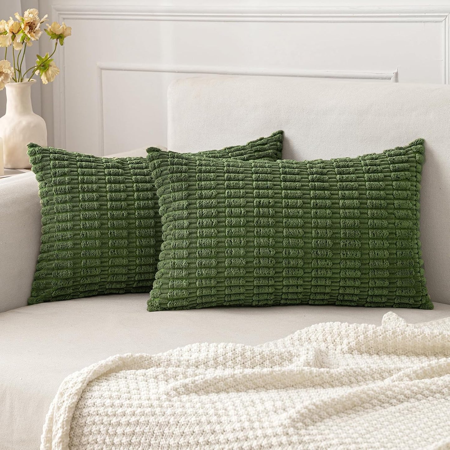 MIULEE Pack of 2 Corduroy Decorative Throw Pillow Covers 18x18 Inch Soft Boho Striped Pillow Covers Modern Farmhouse Home Decor for Sofa Living Room Couch Bed Cream White