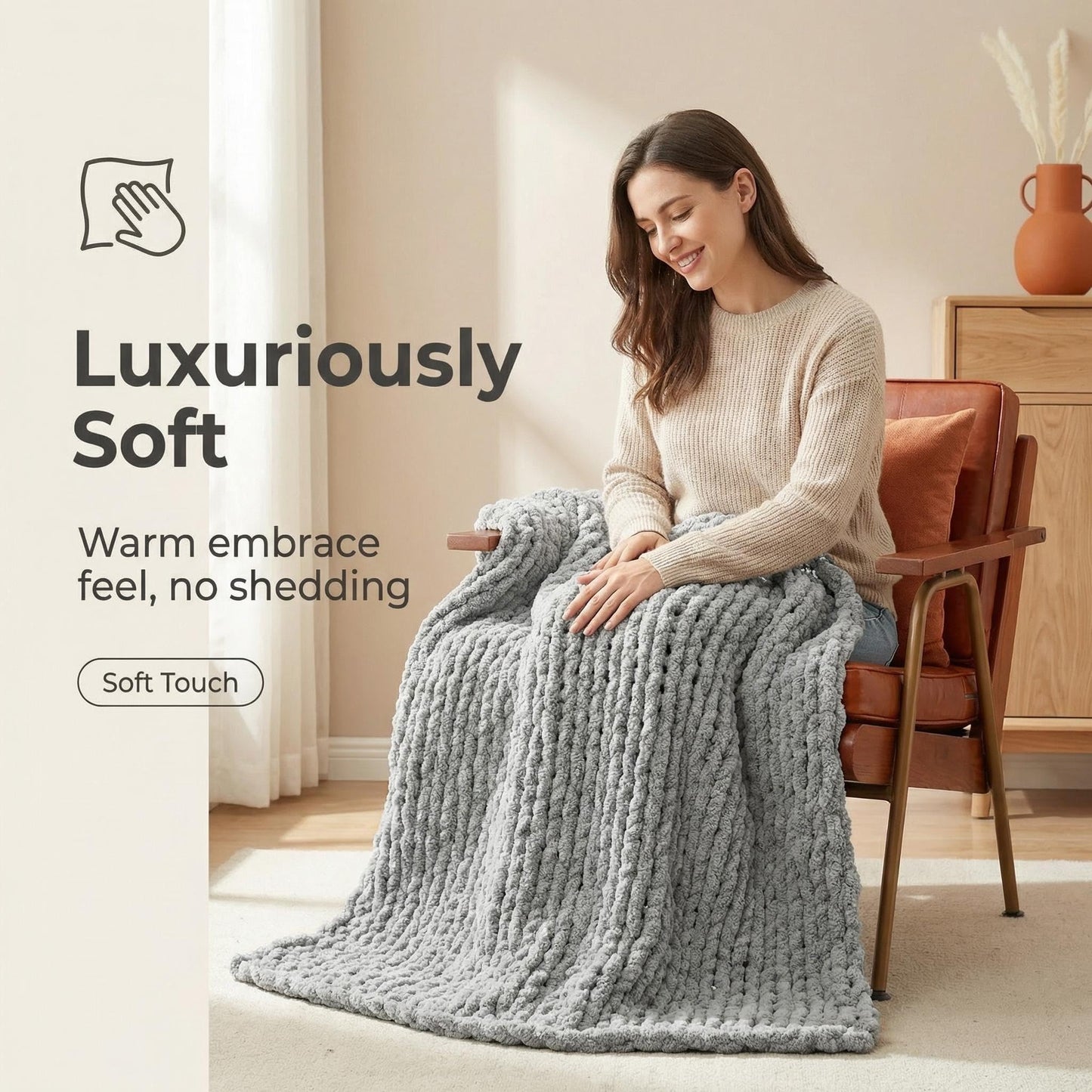 Amélie Home Chunky Knit Throw Blanket for Couch, Soft Chenille Handmade Crochet Throw Rope Knot Blanket for Couch, 50"x60", Space-Dyed Blue Striped