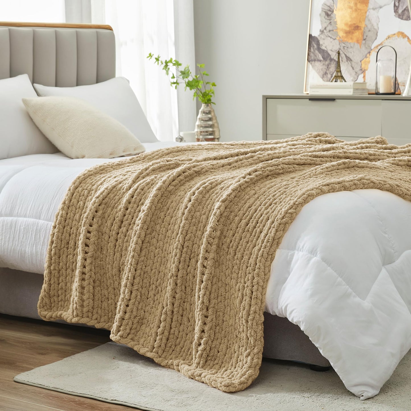 Amélie Home Chunky Knit Throw Blanket for Couch, Soft Chenille Handmade Crochet Throw Rope Knot Blanket for Couch, 50"x60", Space-Dyed Blue Striped