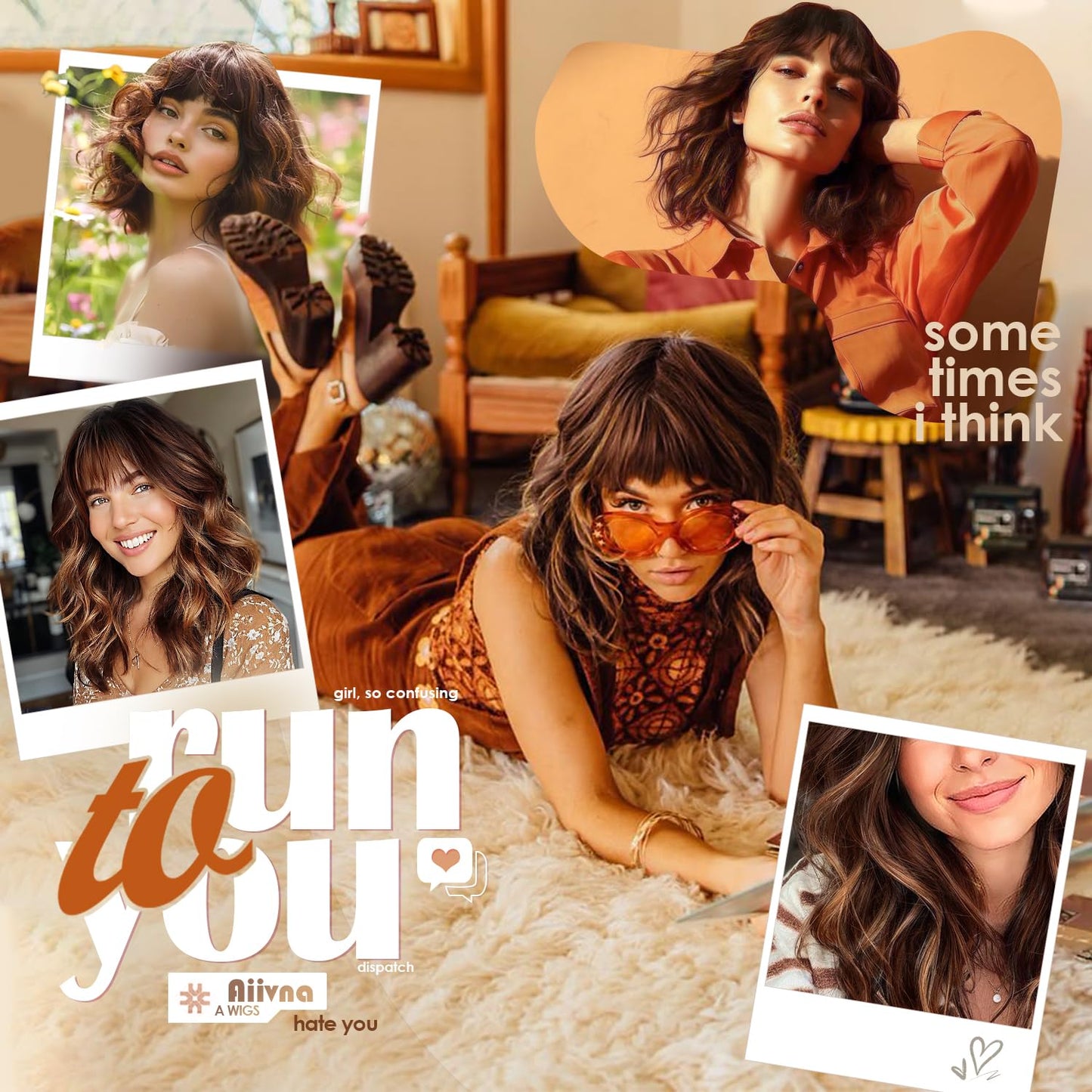 Bob Wavy Wigs for Women Reddish Caramel Brown Short Curly Hair Wig with Bangs Shoulder Length Style Synthetic Realistic Heat Resistant Wig for Everyday Hairstyle 16 Inch
