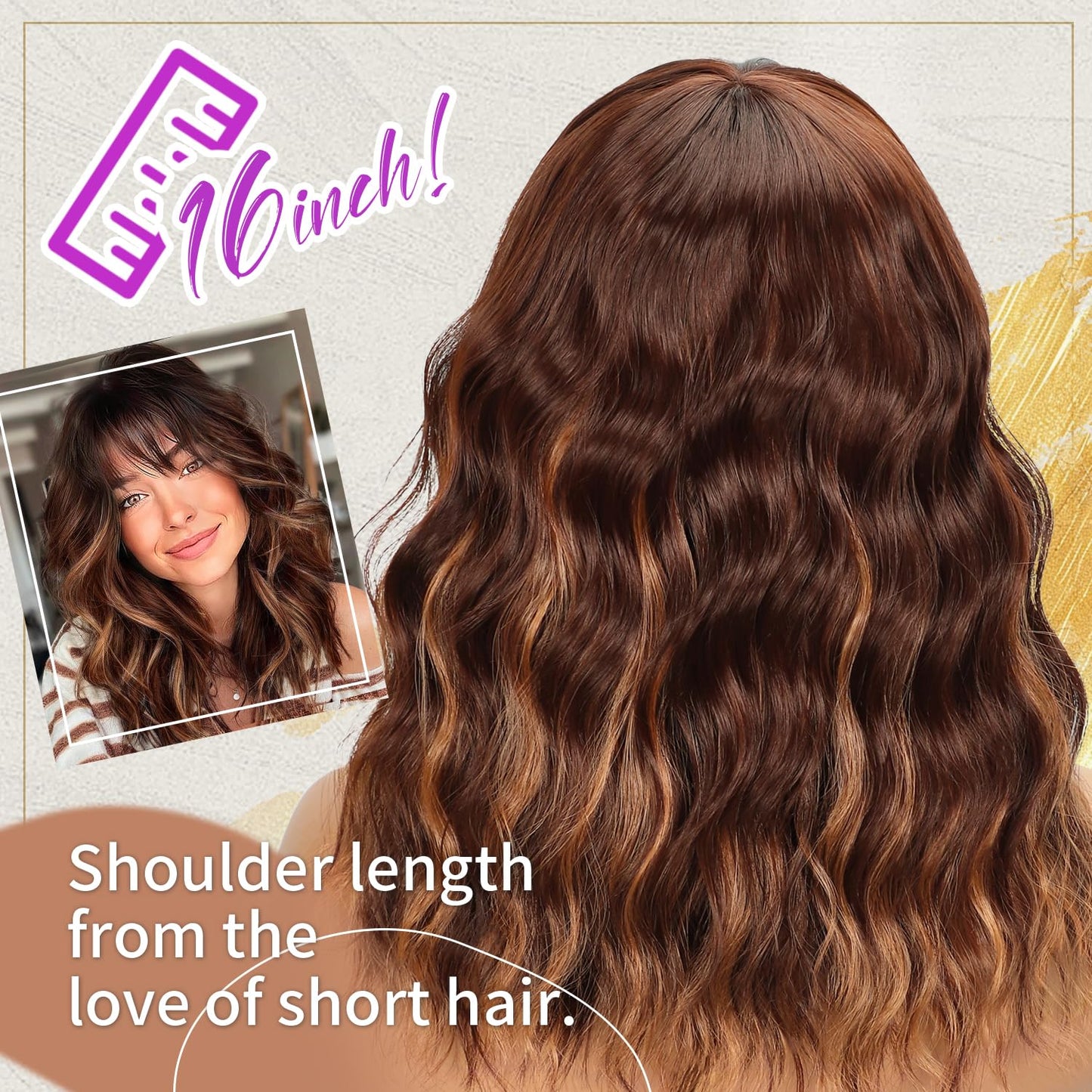 Bob Wavy Wigs for Women Reddish Caramel Brown Short Curly Hair Wig with Bangs Shoulder Length Style Synthetic Realistic Heat Resistant Wig for Everyday Hairstyle 16 Inch
