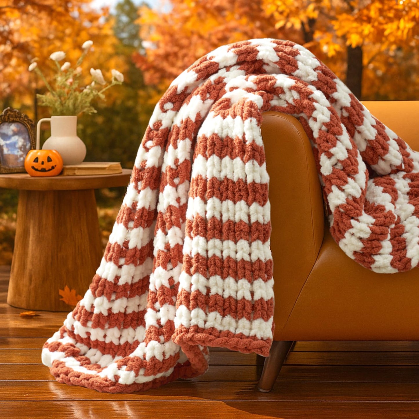 Amélie Home Chunky Knit Throw Blanket for Couch, Soft Chenille Handmade Crochet Throw Rope Knot Blanket for Couch, 50"x60", Space-Dyed Blue Striped