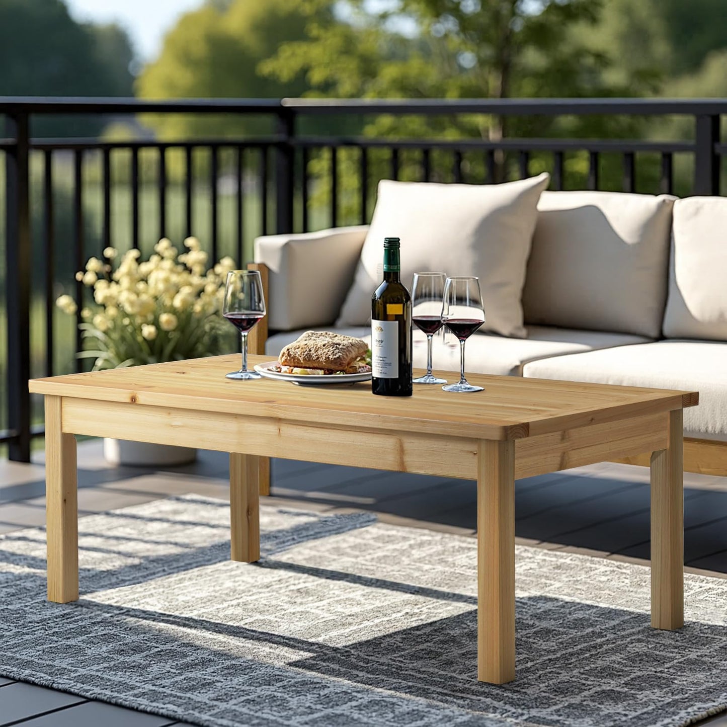 VINGLI Outdoor Wood Coffee Table, 35" Farmhouse Side Table for Patio, Solid Cedar Wood Accent Table with Slatted Tabletop, Weather-Resistant End Table for Garden, Poolside, Lawn, Living Room (Brown)