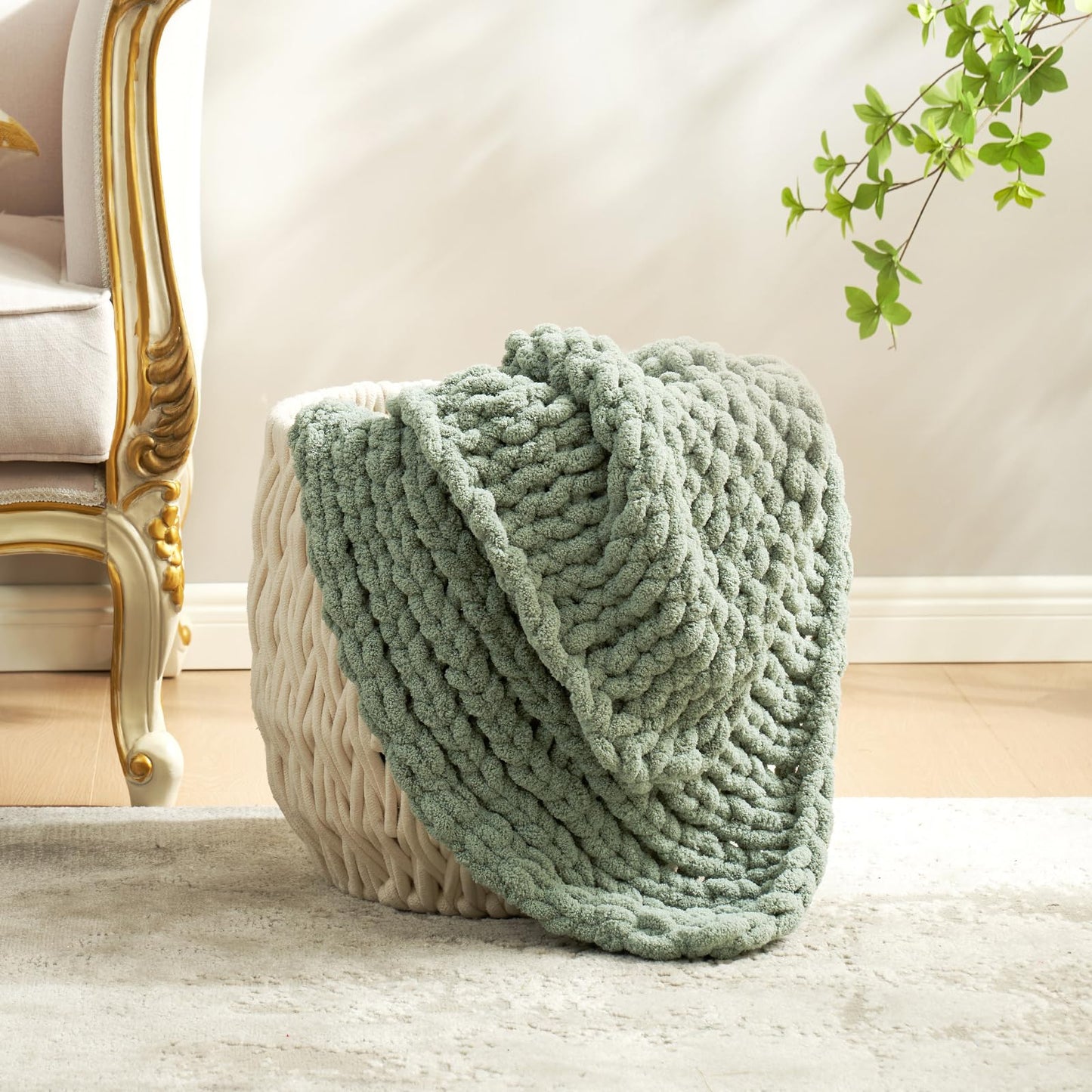 Amélie Home Chunky Knit Throw Blanket for Couch, Soft Chenille Handmade Crochet Throw Rope Knot Blanket for Couch, 50"x60", Space-Dyed Blue Striped