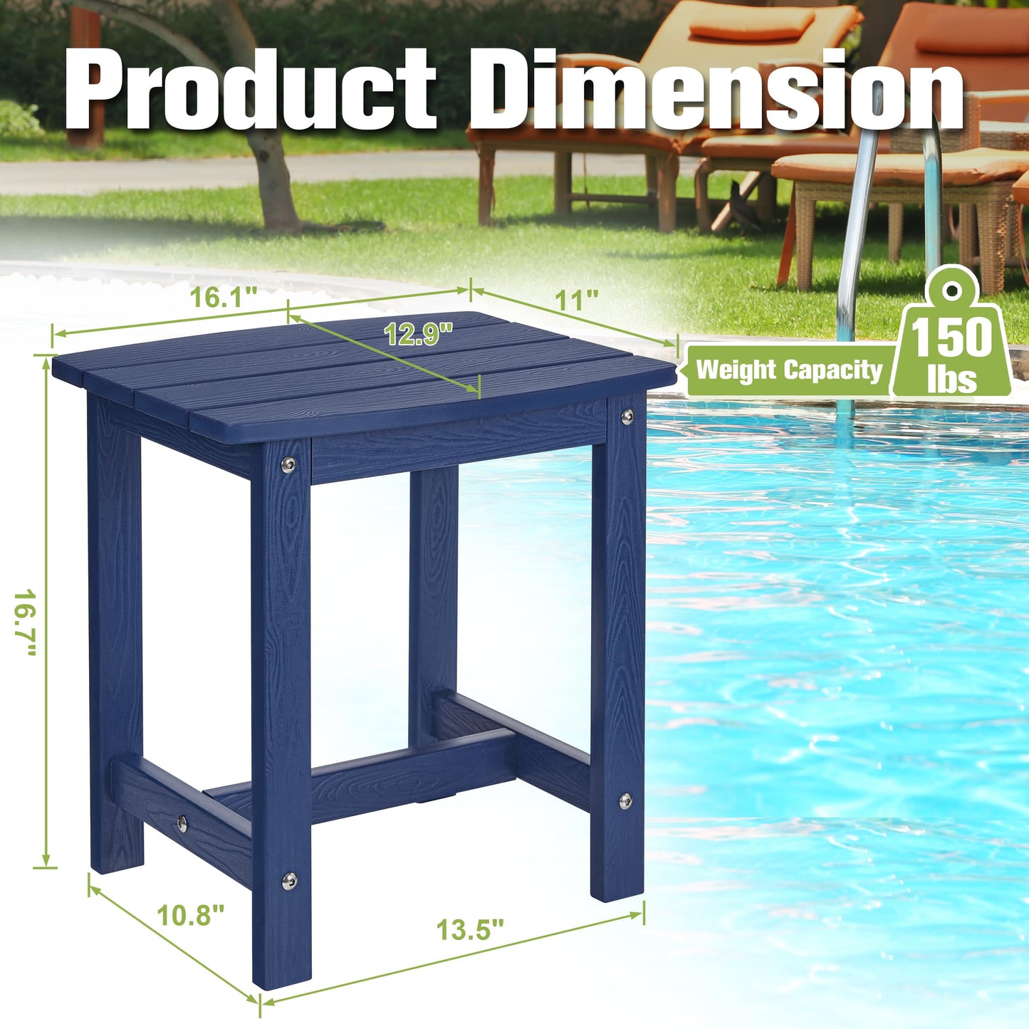 Y&M Adirondack Outdoor Side Table, HIPS Patio End Table, Waterproof Outside Table, Balcony Modern End Tables 23.5" inch Long for Garden, Pool, Beach, Porch, Deck, Indoor or Outdoor Use, Navy Blue