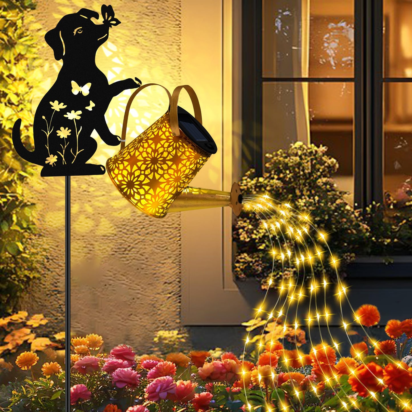 Solar Lights Outdoor Decorative, Watering Can with Cascading Lights, with Dog Silhouette Garden Stakes, Gifts for Mom Women, Waterproof Metal Garden Decor for Yard Art, Outside(1 Pack)