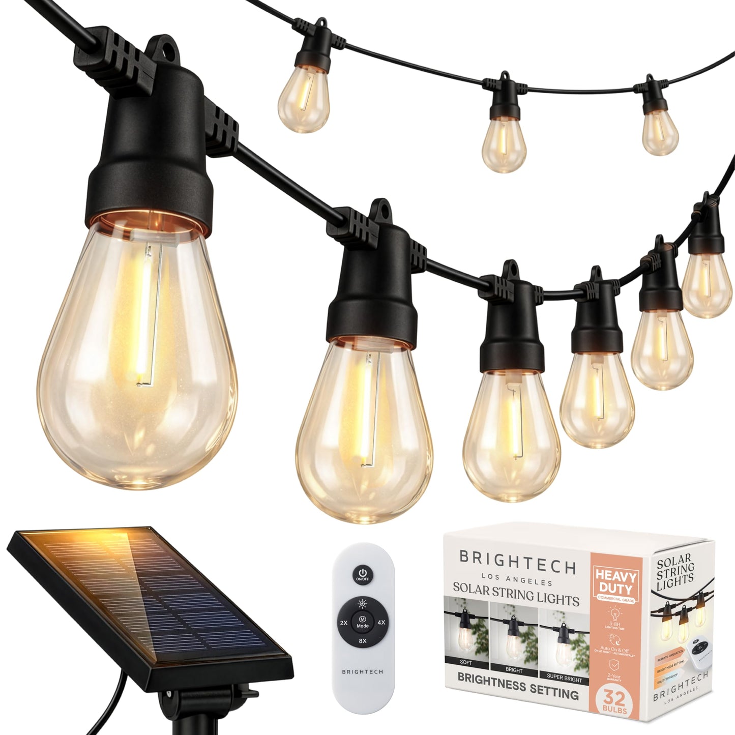Brightech Ambience Pro Solar Powered Outdoor String Lights -27 ft Commercial Grade Waterproof Edison Patio Lights, Shatterproof LED String Lights for Outside, Porch - 12 Bulbs, 1W Soft White