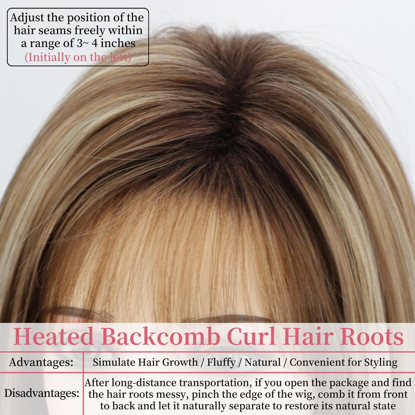 RENERSHOW Medium Length Bob Wigs for White Women Layered Blonde Highlight Straight Pixie Bob Wig with Bangs Heat Synthetic Natural Daily Party Wig 12inch Average Size Wig