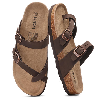 KIDMI Women's Cork Footbed Sandals with Toe Loop, Comfortable Summer Slip-On Slides with Adjustable Buckle