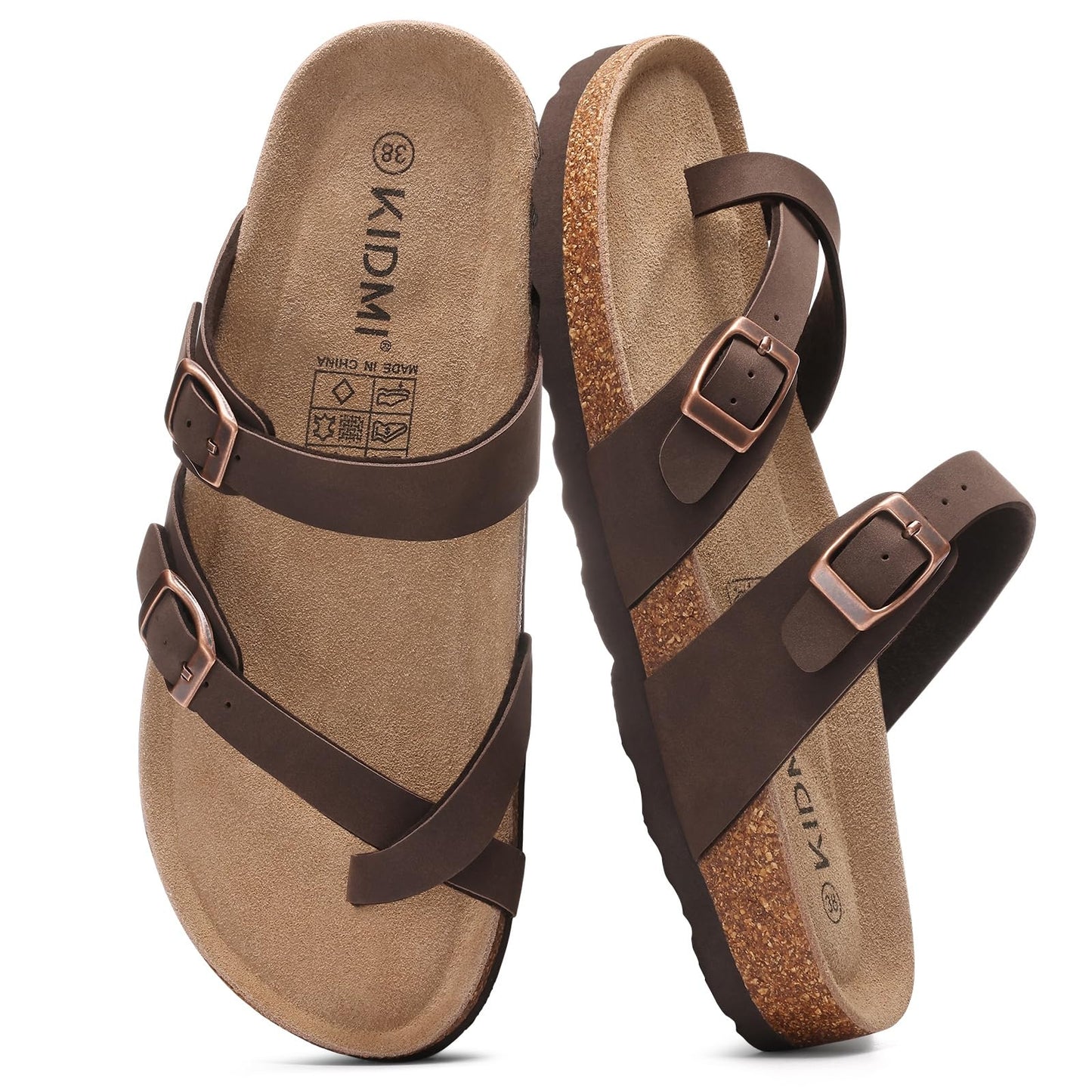 KIDMI Women's Cork Footbed Sandals with Toe Loop, Comfortable Summer Slip-On Slides with Adjustable Buckle