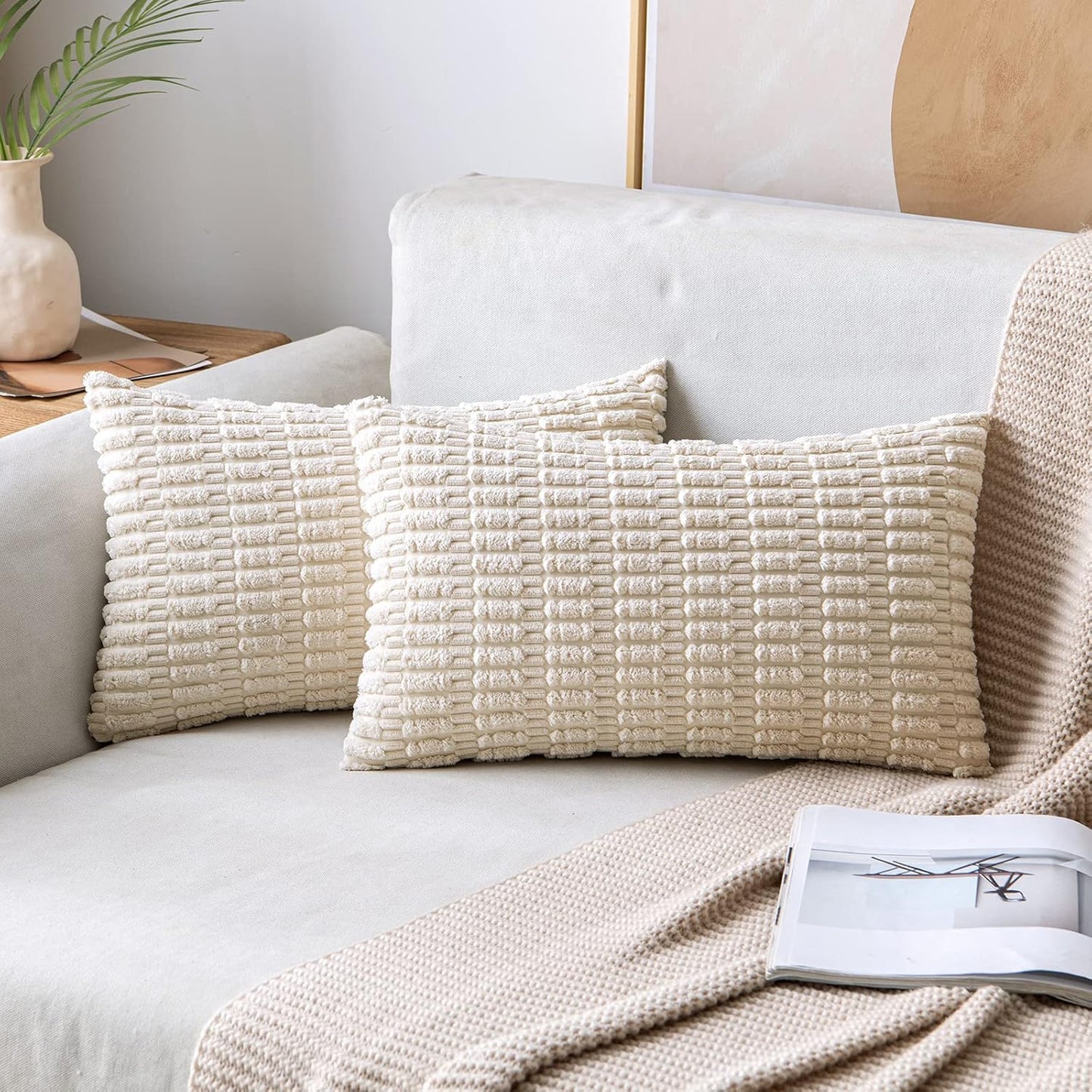 MIULEE Pack of 2 Corduroy Decorative Throw Pillow Covers 18x18 Inch Soft Boho Striped Pillow Covers Modern Farmhouse Home Decor for Sofa Living Room Couch Bed Cream White
