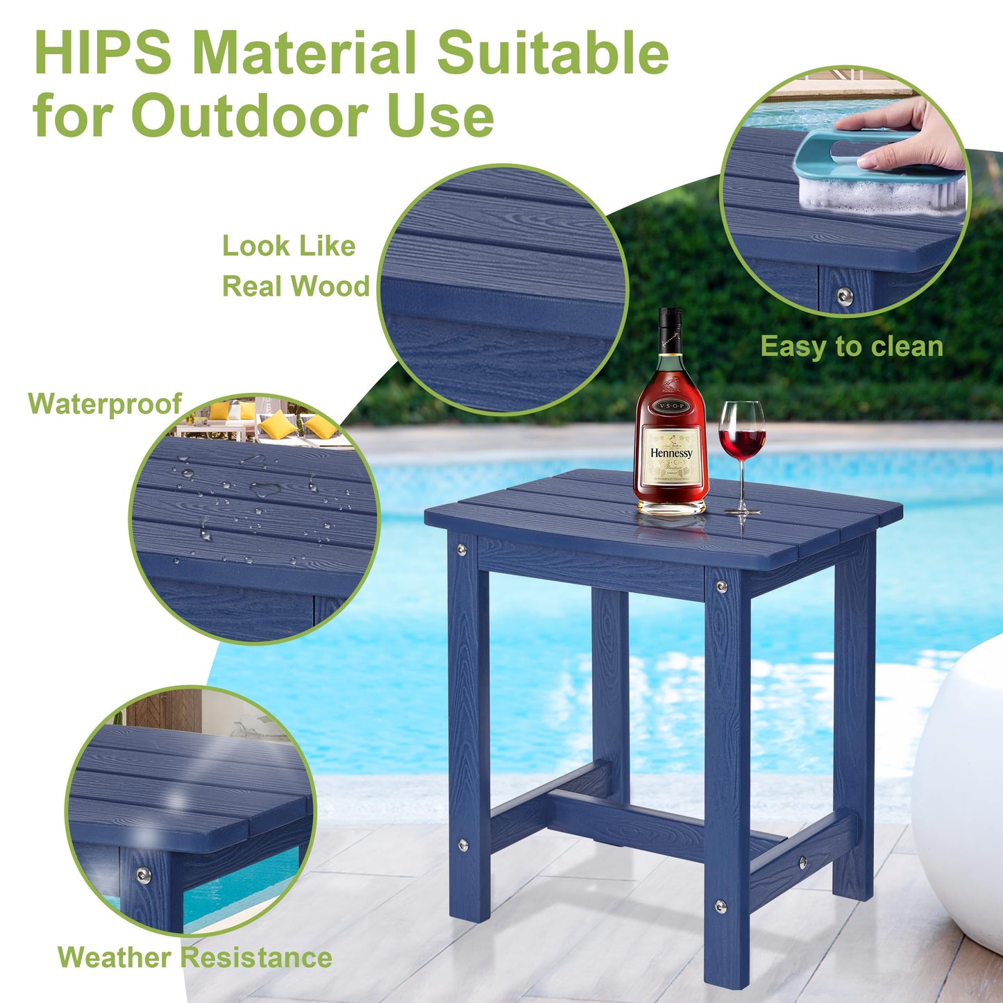 Y&M Adirondack Outdoor Side Table, HIPS Patio End Table, Waterproof Outside Table, Balcony Modern End Tables 23.5" inch Long for Garden, Pool, Beach, Porch, Deck, Indoor or Outdoor Use, Navy Blue