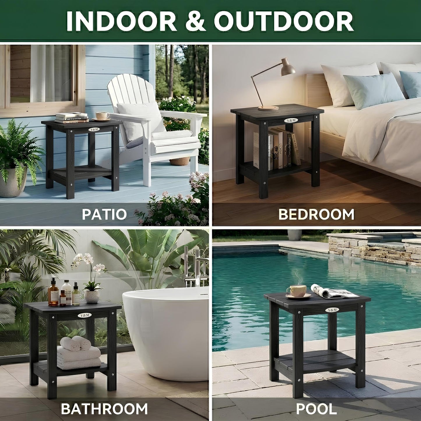 Y&M Adirondack Outdoor Side Table, HIPS Patio End Table, Waterproof Outside Table, Balcony Modern End Tables 23.5" inch Long for Garden, Pool, Beach, Porch, Deck, Indoor or Outdoor Use, Navy Blue