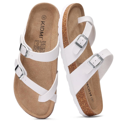 KIDMI Women's Cork Footbed Sandals with Toe Loop, Comfortable Summer Slip-On Slides with Adjustable Buckle