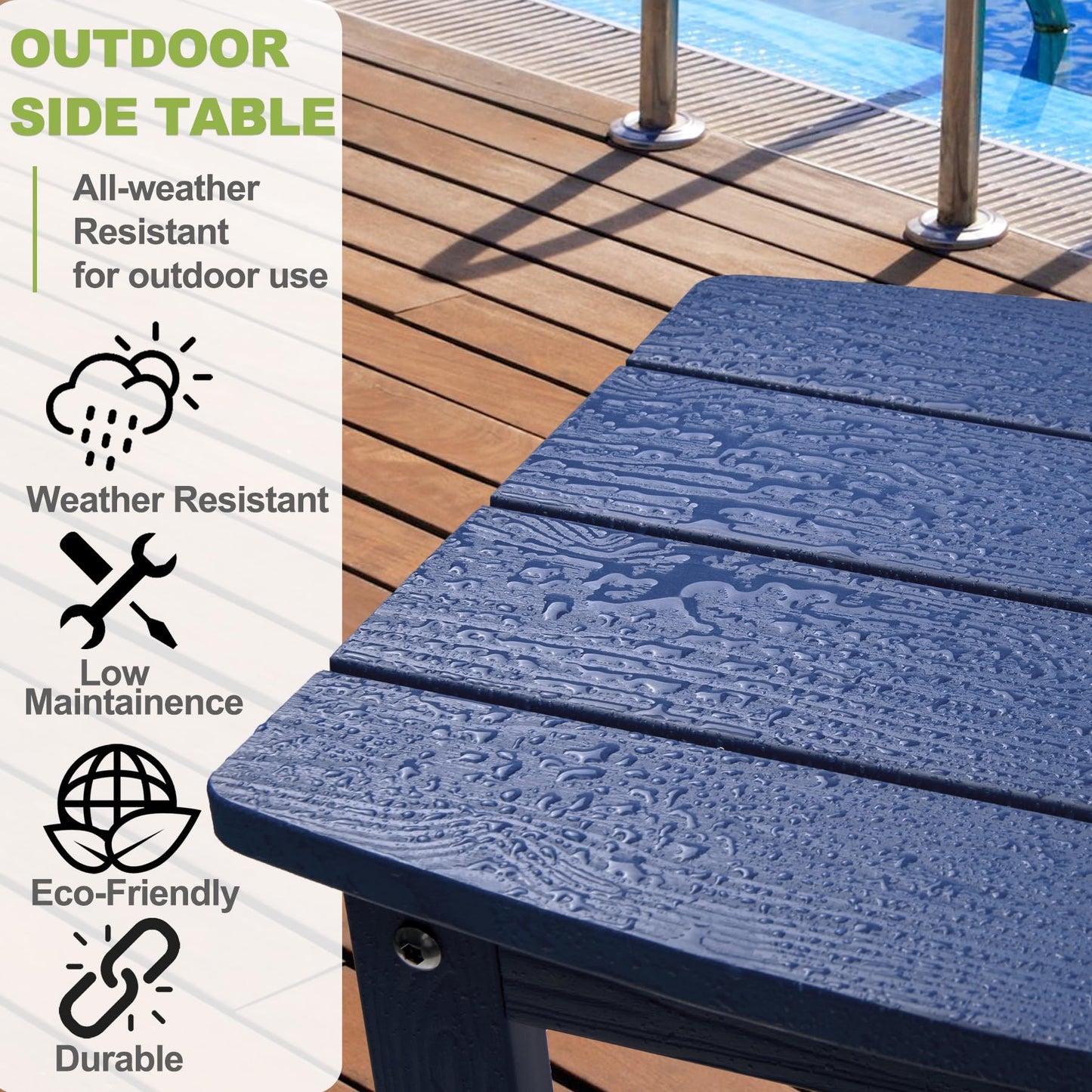 Y&M Adirondack Outdoor Side Table, HIPS Patio End Table, Waterproof Outside Table, Balcony Modern End Tables 23.5" inch Long for Garden, Pool, Beach, Porch, Deck, Indoor or Outdoor Use, Navy Blue