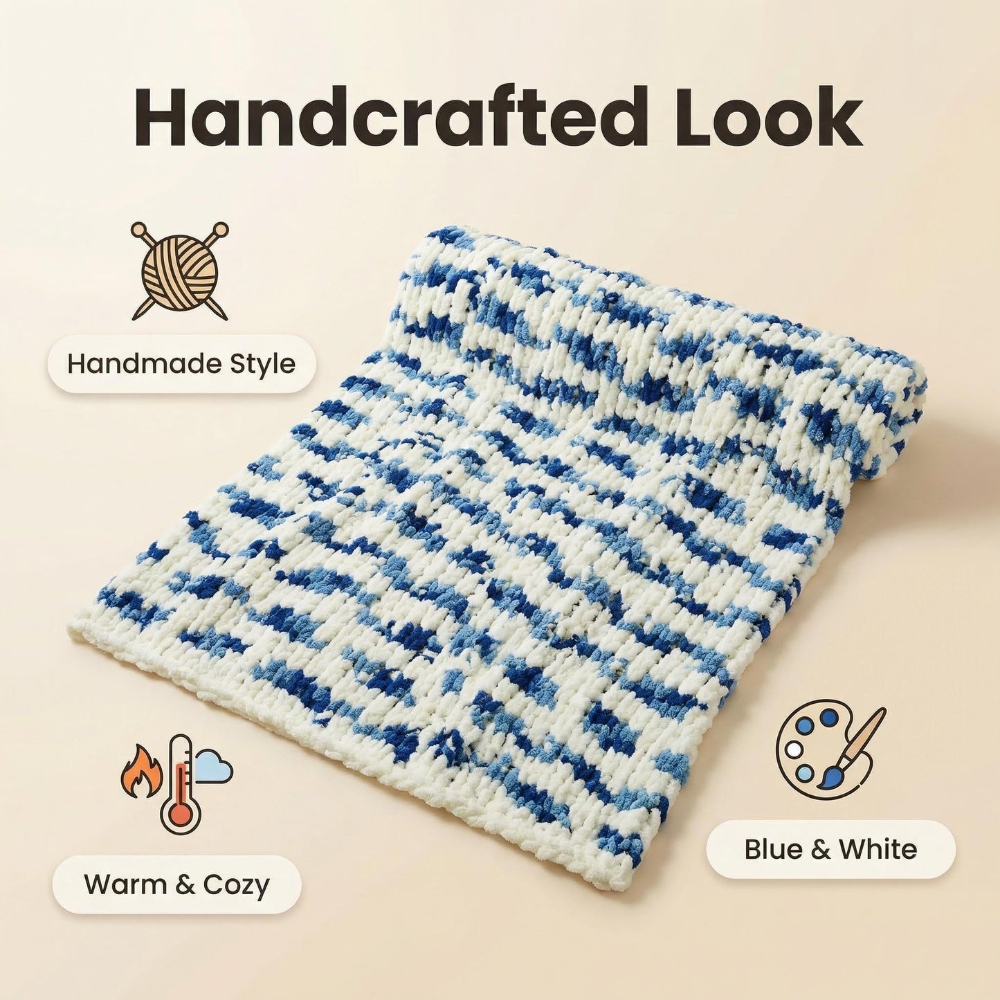 Amélie Home Chunky Knit Throw Blanket for Couch, Soft Chenille Handmade Crochet Throw Rope Knot Blanket for Couch, 50"x60", Space-Dyed Blue Striped