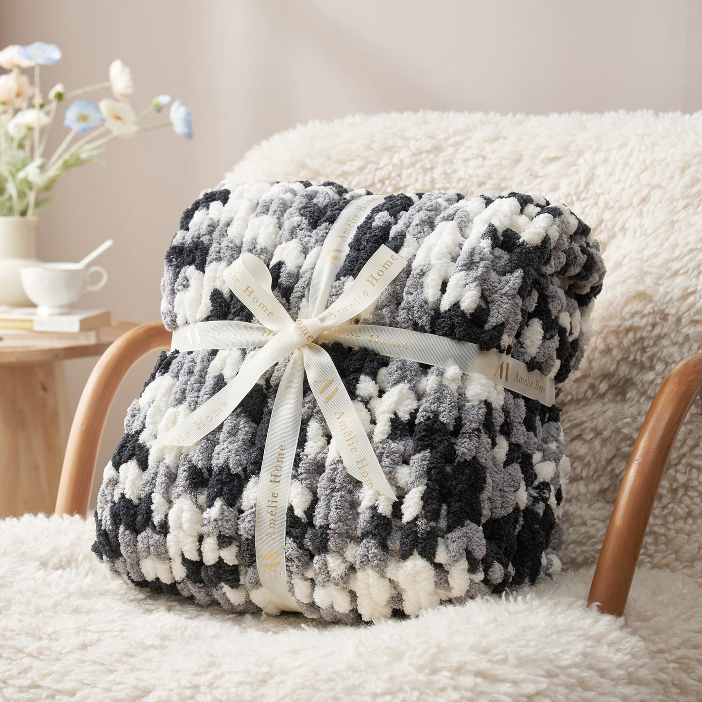 Amélie Home Chunky Knit Throw Blanket for Couch, Soft Chenille Handmade Crochet Throw Rope Knot Blanket for Couch, 50"x60", Space-Dyed Blue Striped