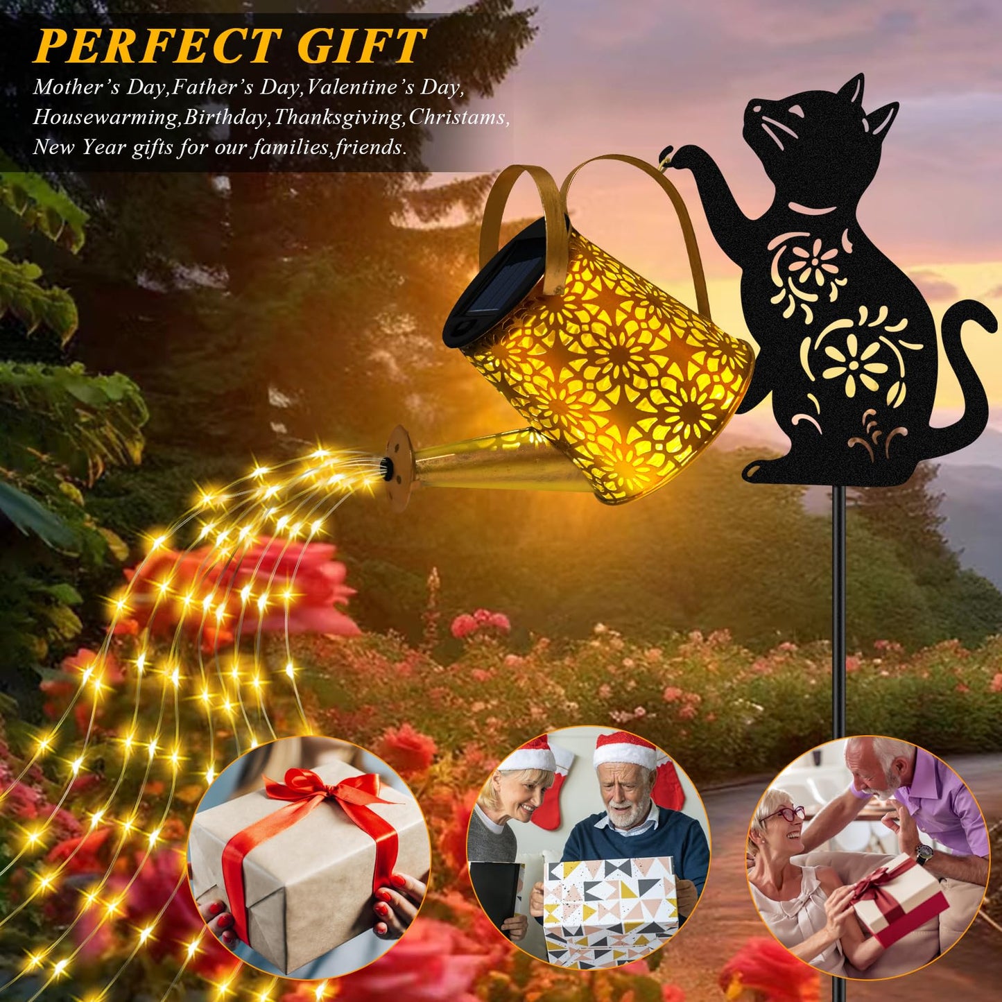 Solar Lights Outdoor Decorative, Watering Can with Cascading Lights, with Dog Silhouette Garden Stakes, Gifts for Mom Women, Waterproof Metal Garden Decor for Yard Art, Outside(1 Pack)