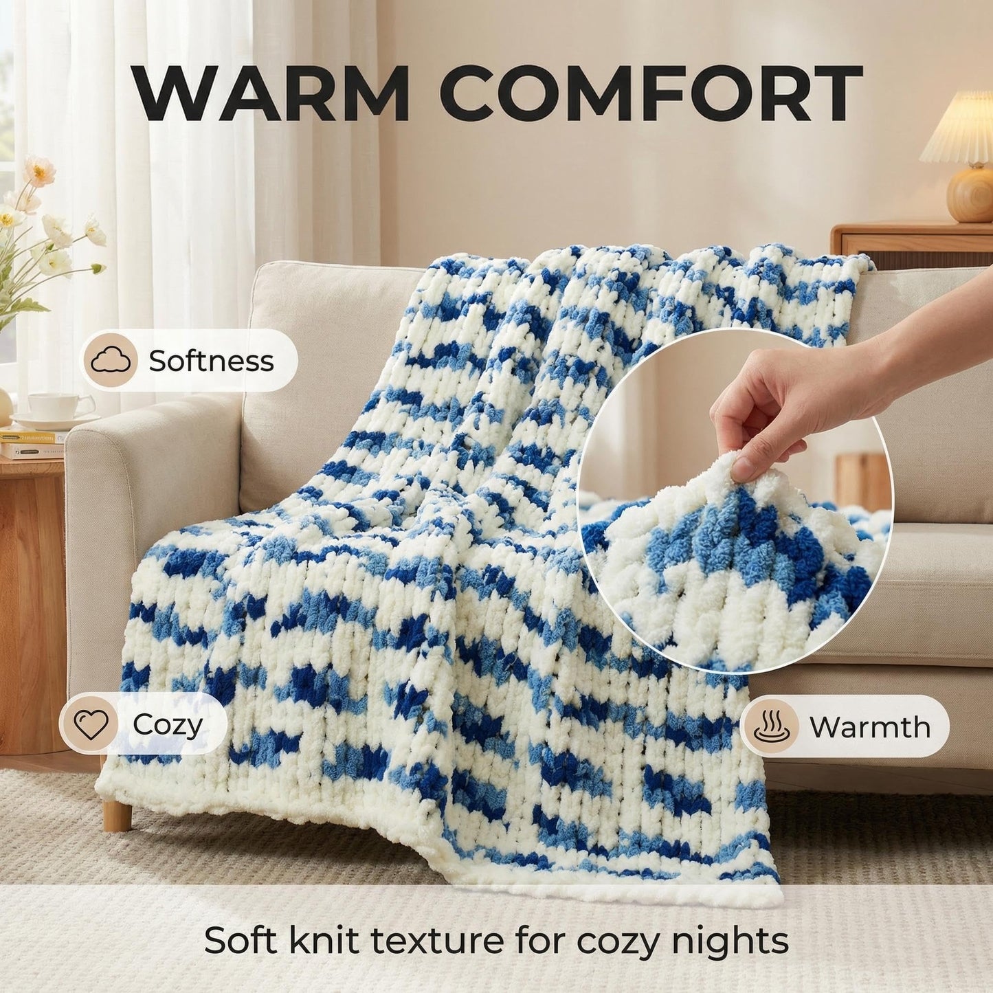 Amélie Home Chunky Knit Throw Blanket for Couch, Soft Chenille Handmade Crochet Throw Rope Knot Blanket for Couch, 50"x60", Space-Dyed Blue Striped