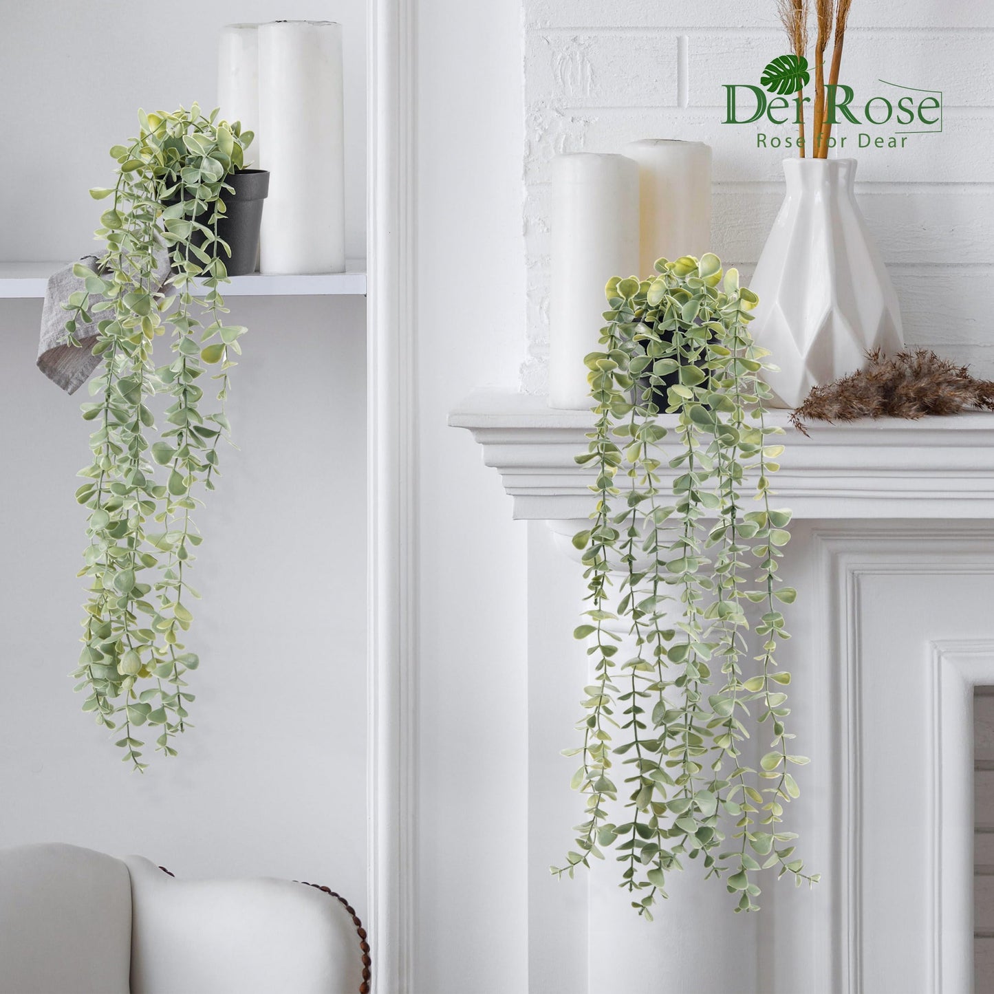 Der Rose 1Pcs Fake Plants Hanging Artificial Potted Faux Eucalyptus Plants for Modern Boho Farmhouse Bathroom Office Desk Wall Art Shelf Living Room Aesthetic Decor Indoor