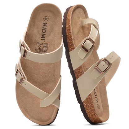 KIDMI Women's Cork Footbed Sandals with Toe Loop, Comfortable Summer Slip-On Slides with Adjustable Buckle
