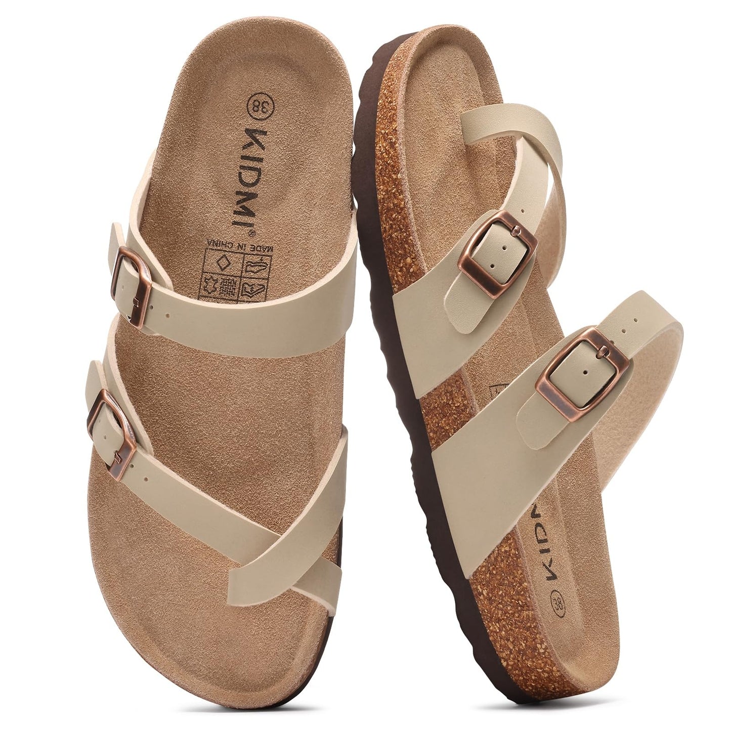 KIDMI Women's Cork Footbed Sandals with Toe Loop, Comfortable Summer Slip-On Slides with Adjustable Buckle