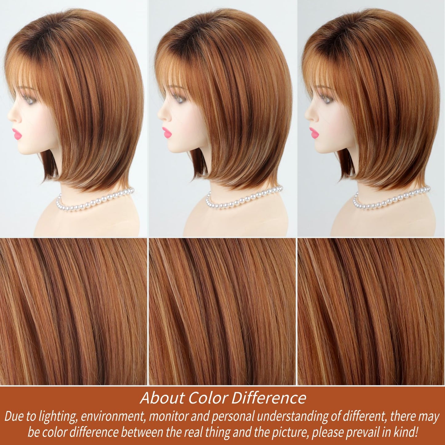 RENERSHOW Medium Length Bob Wigs for White Women Layered Blonde Highlight Straight Pixie Bob Wig with Bangs Heat Synthetic Natural Daily Party Wig 12inch Average Size Wig