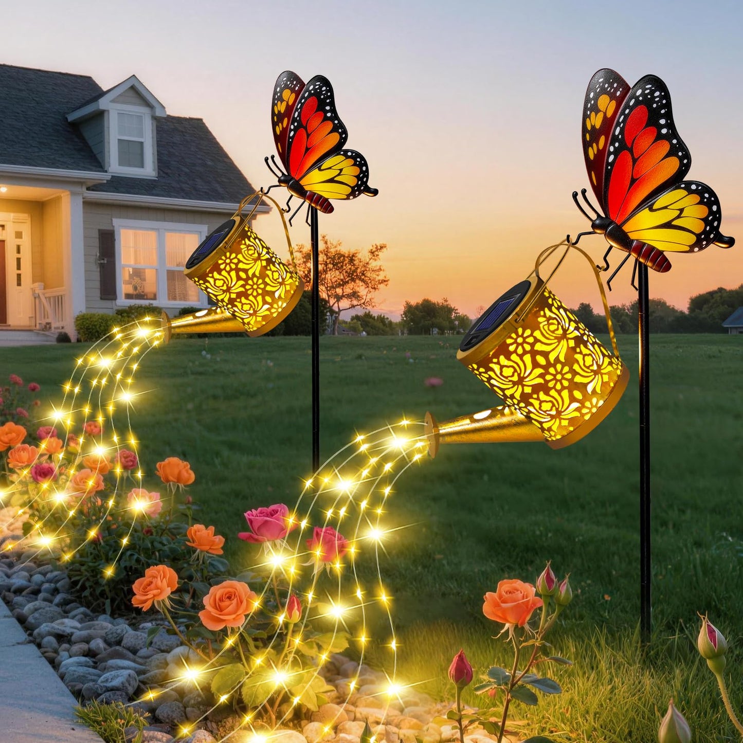 Solar Lights Outdoor Decorative, Watering Can with Cascading Lights, with Dog Silhouette Garden Stakes, Gifts for Mom Women, Waterproof Metal Garden Decor for Yard Art, Outside(1 Pack)