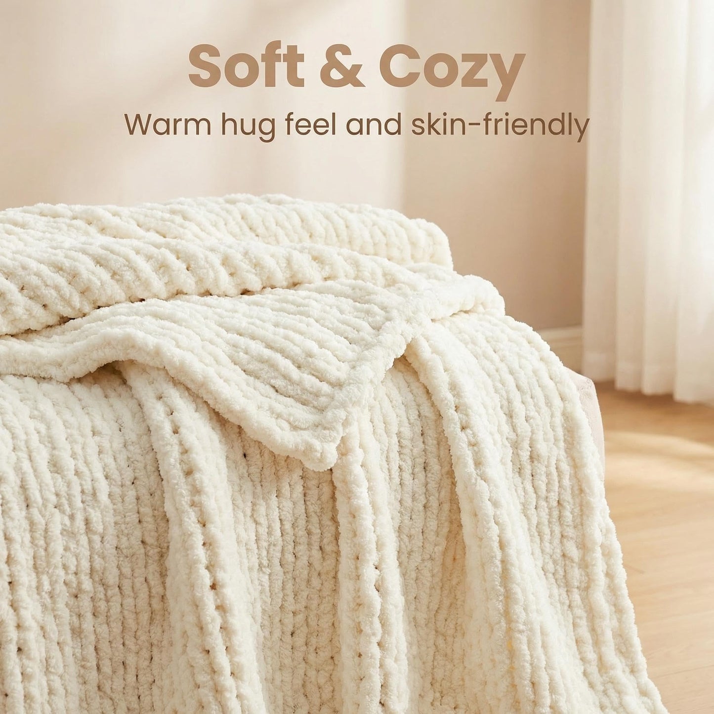 Amélie Home Chunky Knit Throw Blanket for Couch, Soft Chenille Handmade Crochet Throw Rope Knot Blanket for Couch, 50"x60", Space-Dyed Blue Striped