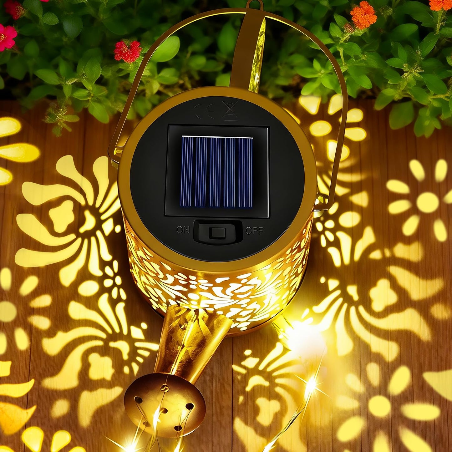 Solar Lights Outdoor Decorative, Watering Can with Cascading Lights, with Dog Silhouette Garden Stakes, Gifts for Mom Women, Waterproof Metal Garden Decor for Yard Art, Outside(1 Pack)