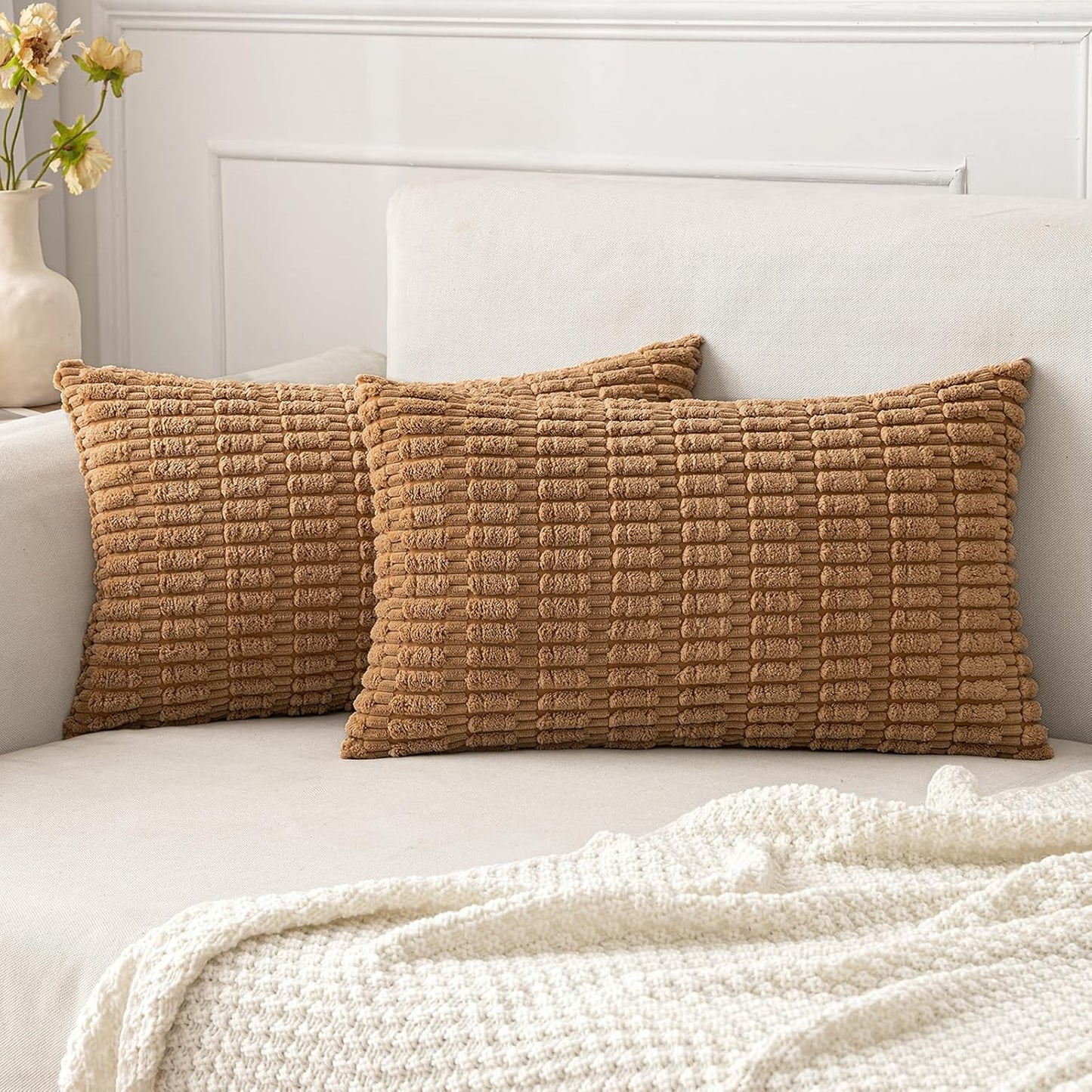 MIULEE Pack of 2 Corduroy Decorative Throw Pillow Covers 18x18 Inch Soft Boho Striped Pillow Covers Modern Farmhouse Home Decor for Sofa Living Room Couch Bed Cream White