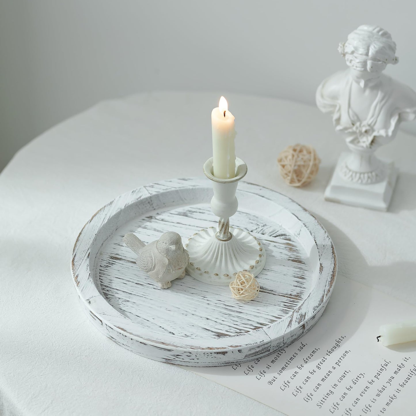 Hanobe Candle Plate Holder Tray: Round Wood Decorative Candle Plate - Rustic Farmhouse CoffeeTable Decor - Tealight Pillar Trays for Home Decor (Distressed)