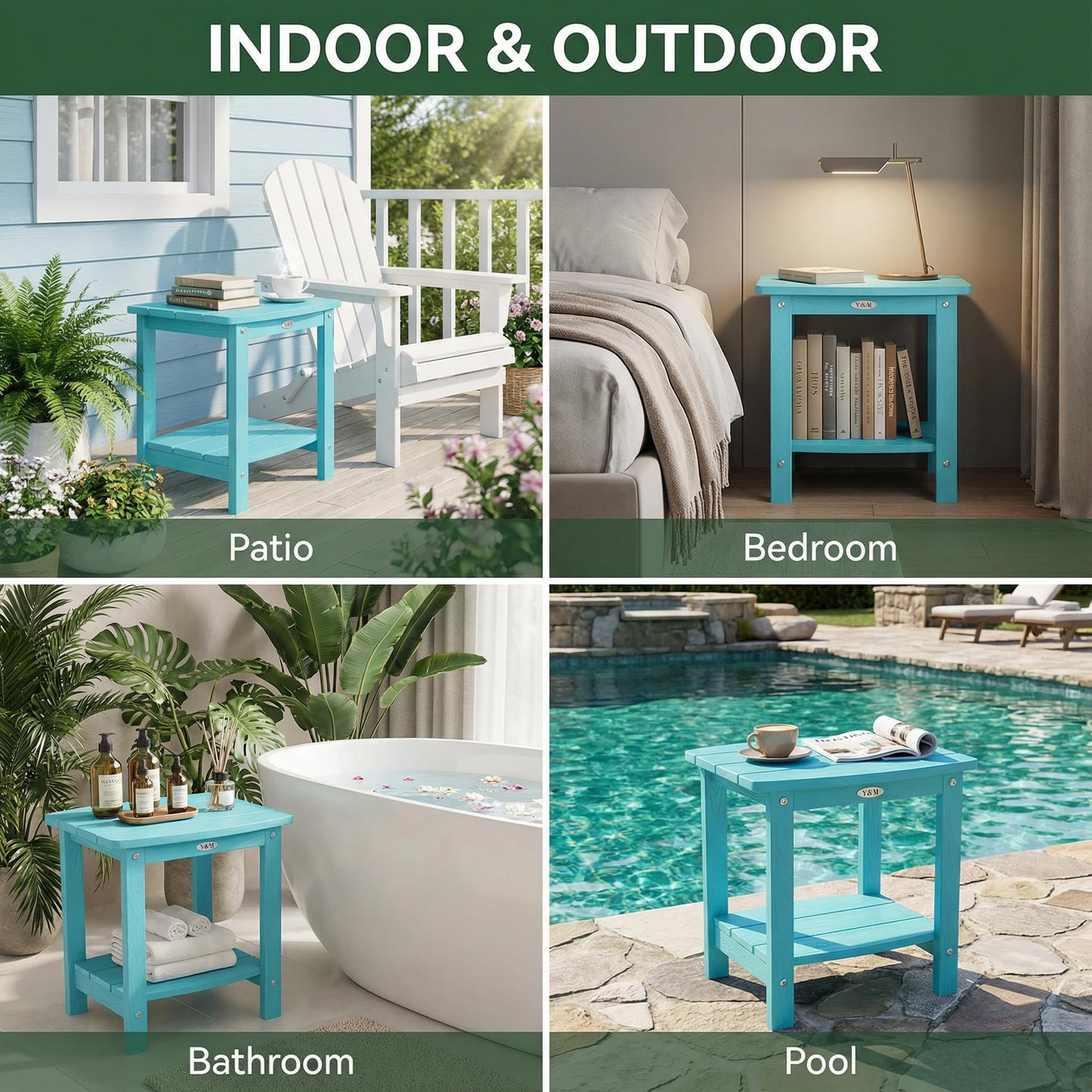 Y&M Adirondack Outdoor Side Table, HIPS Patio End Table, Waterproof Outside Table, Balcony Modern End Tables 23.5" inch Long for Garden, Pool, Beach, Porch, Deck, Indoor or Outdoor Use, Navy Blue
