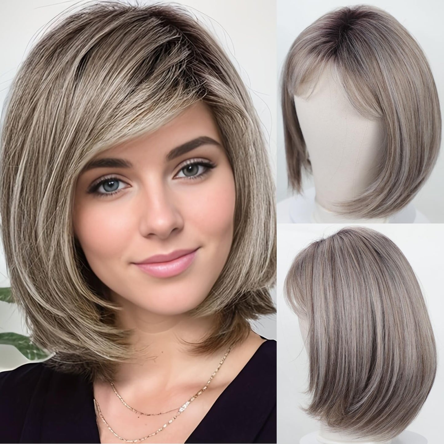 RENERSHOW Medium Length Bob Wigs for White Women Layered Blonde Highlight Straight Pixie Bob Wig with Bangs Heat Synthetic Natural Daily Party Wig 12inch Average Size Wig