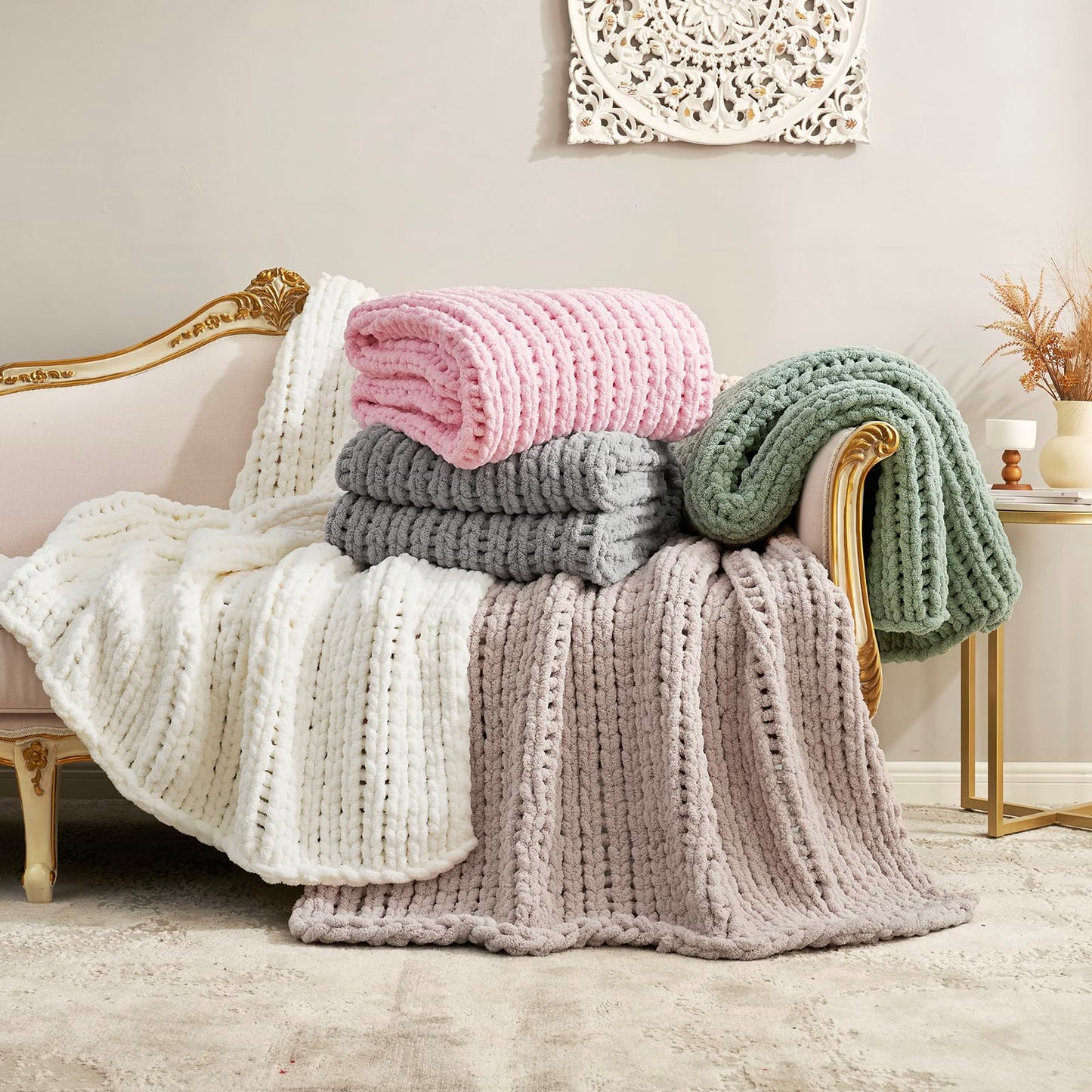 Amélie Home Chunky Knit Throw Blanket for Couch, Soft Chenille Handmade Crochet Throw Rope Knot Blanket for Couch, 50"x60", Space-Dyed Blue Striped