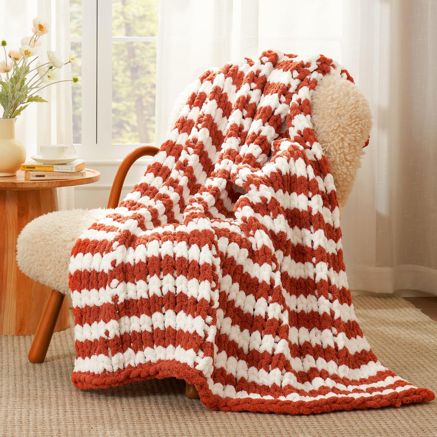 Amélie Home Chunky Knit Throw Blanket for Couch, Soft Chenille Handmade Crochet Throw Rope Knot Blanket for Couch, 50"x60", Space-Dyed Blue Striped