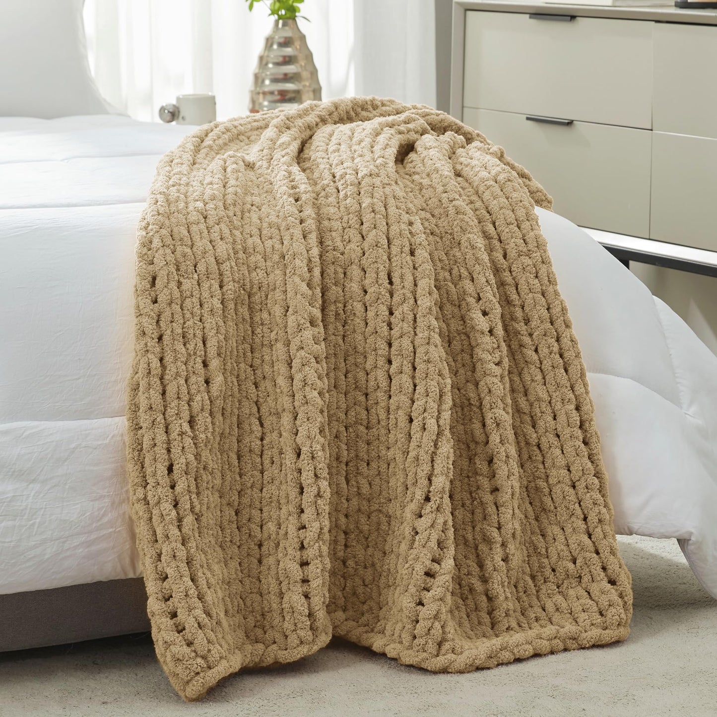 Amélie Home Chunky Knit Throw Blanket for Couch, Soft Chenille Handmade Crochet Throw Rope Knot Blanket for Couch, 50"x60", Space-Dyed Blue Striped