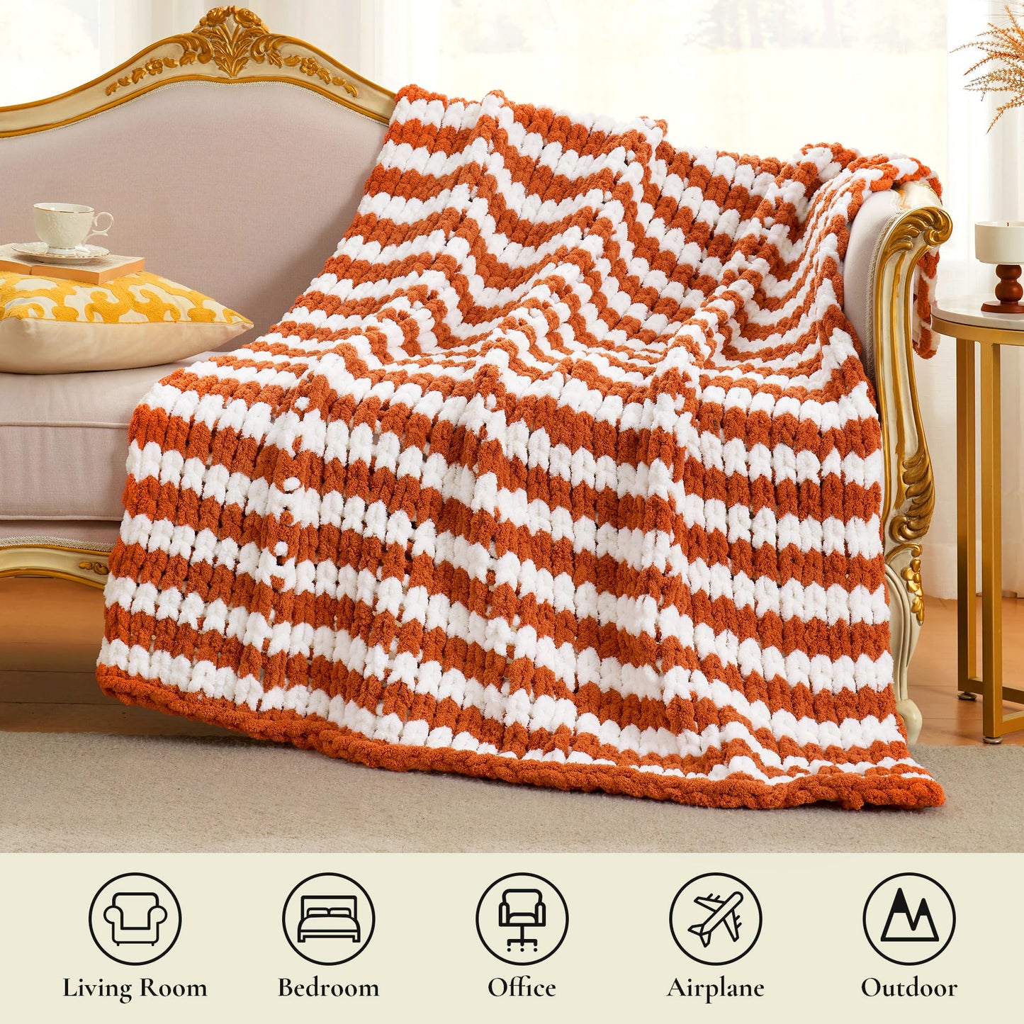 Amélie Home Chunky Knit Throw Blanket for Couch, Soft Chenille Handmade Crochet Throw Rope Knot Blanket for Couch, 50"x60", Space-Dyed Blue Striped
