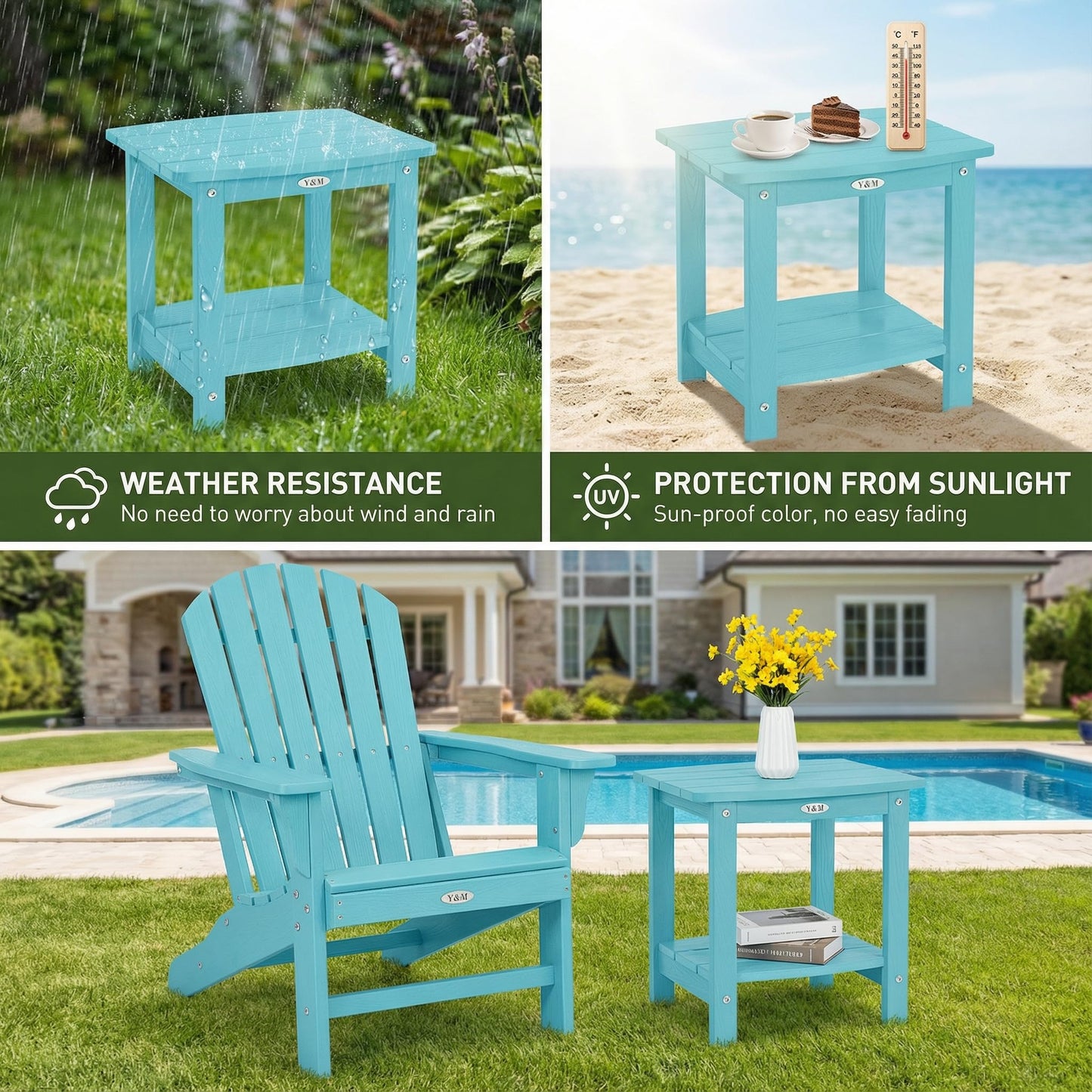 Y&M Adirondack Outdoor Side Table, HIPS Patio End Table, Waterproof Outside Table, Balcony Modern End Tables 23.5" inch Long for Garden, Pool, Beach, Porch, Deck, Indoor or Outdoor Use, Navy Blue