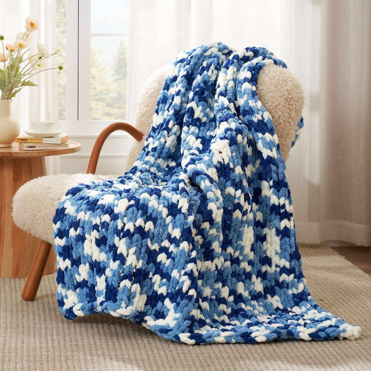 Amélie Home Chunky Knit Throw Blanket for Couch, Soft Chenille Handmade Crochet Throw Rope Knot Blanket for Couch, 50"x60", Space-Dyed Blue Striped