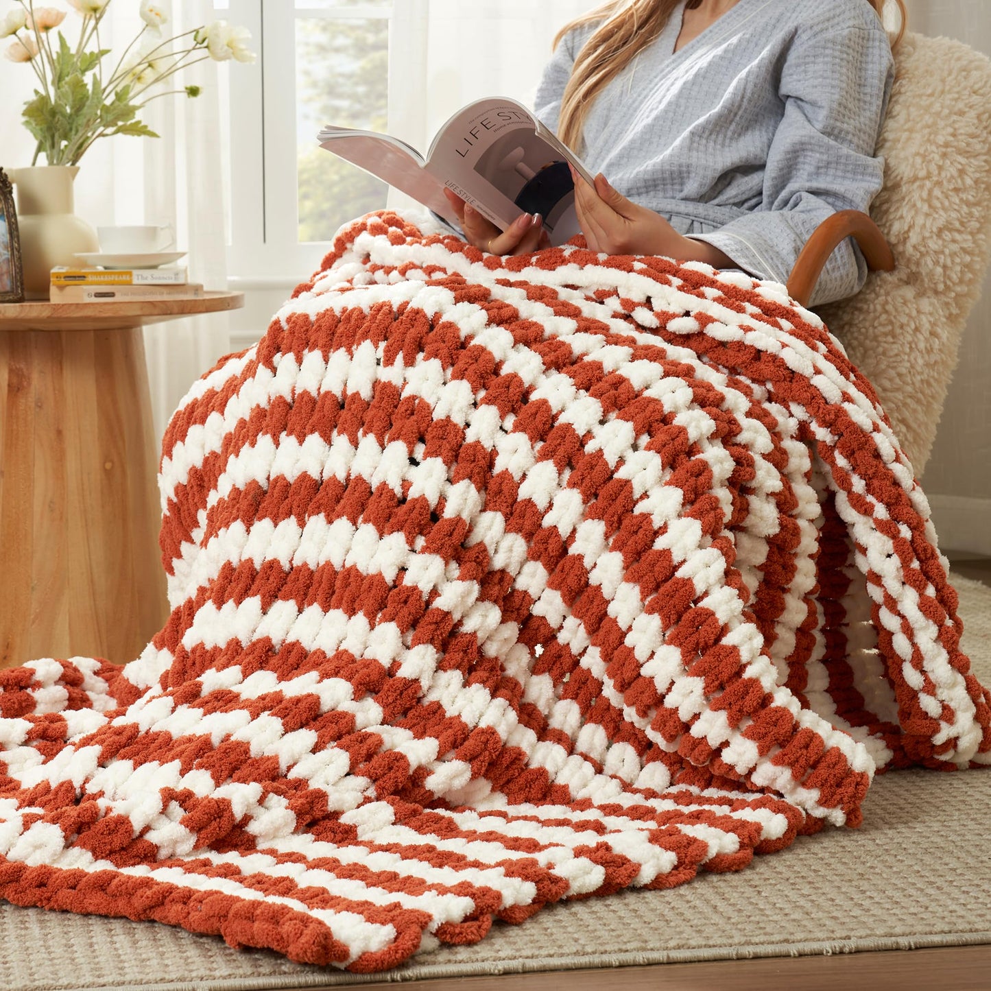 Amélie Home Chunky Knit Throw Blanket for Couch, Soft Chenille Handmade Crochet Throw Rope Knot Blanket for Couch, 50"x60", Space-Dyed Blue Striped