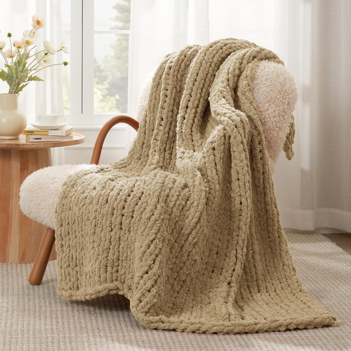 Amélie Home Chunky Knit Throw Blanket for Couch, Soft Chenille Handmade Crochet Throw Rope Knot Blanket for Couch, 50"x60", Space-Dyed Blue Striped